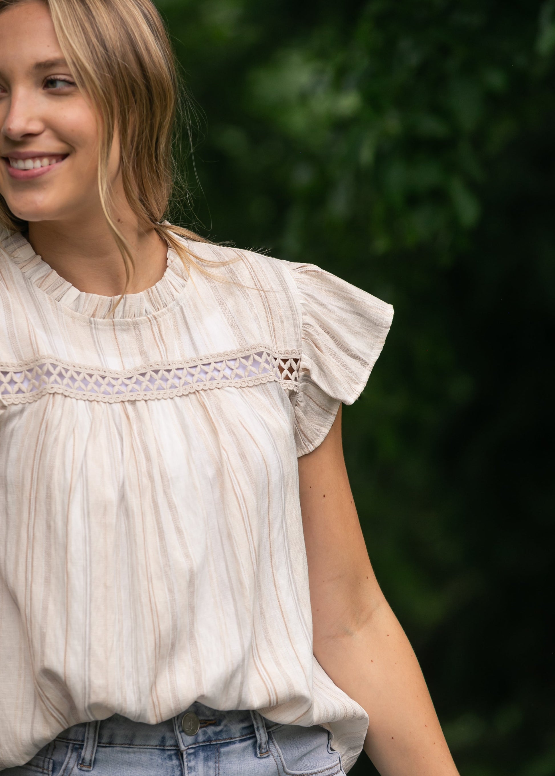 Stripe Lace Trim Ruffle Sleeve Top FF Tops