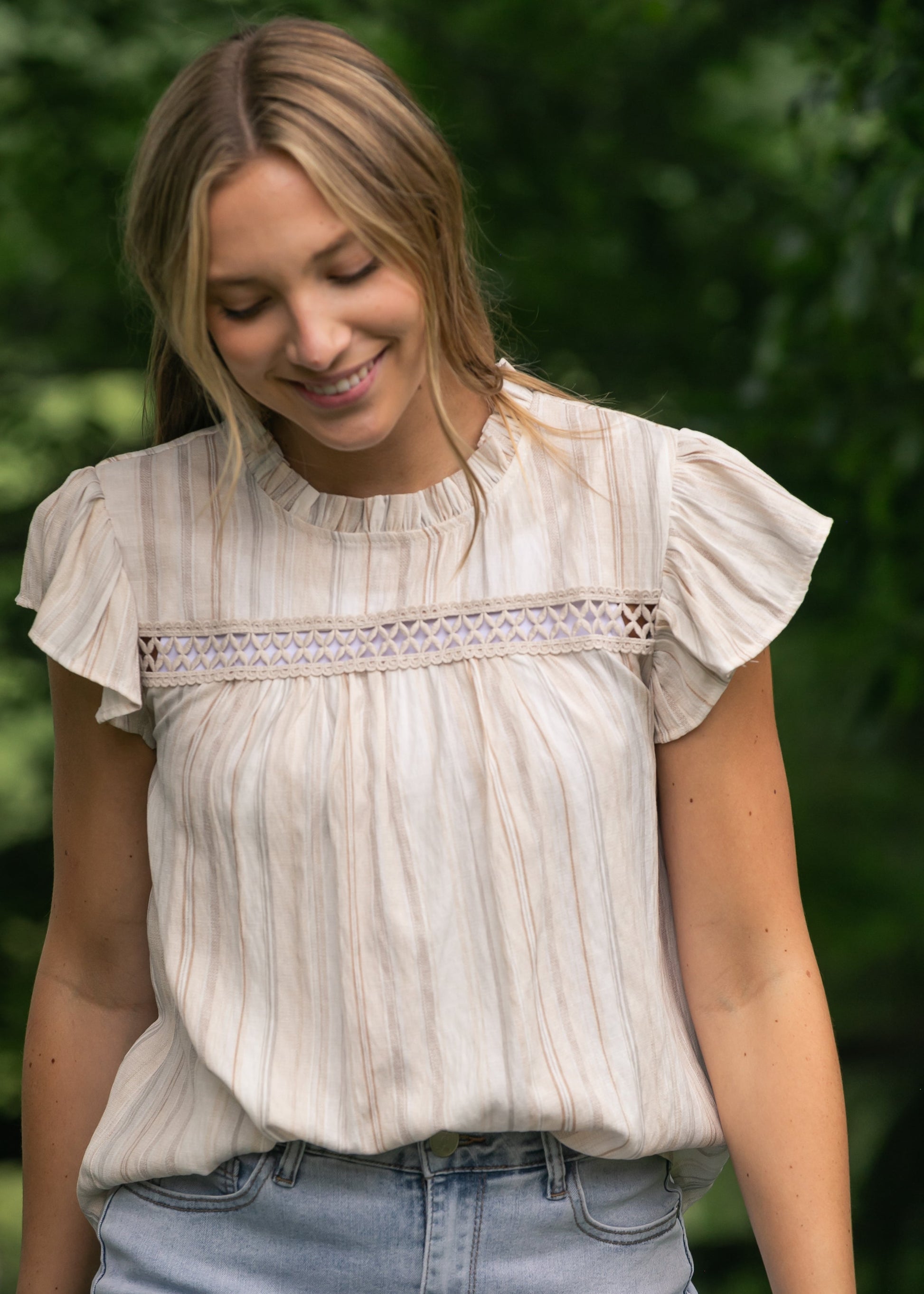 Stripe Lace Trim Ruffle Sleeve Top FF Tops