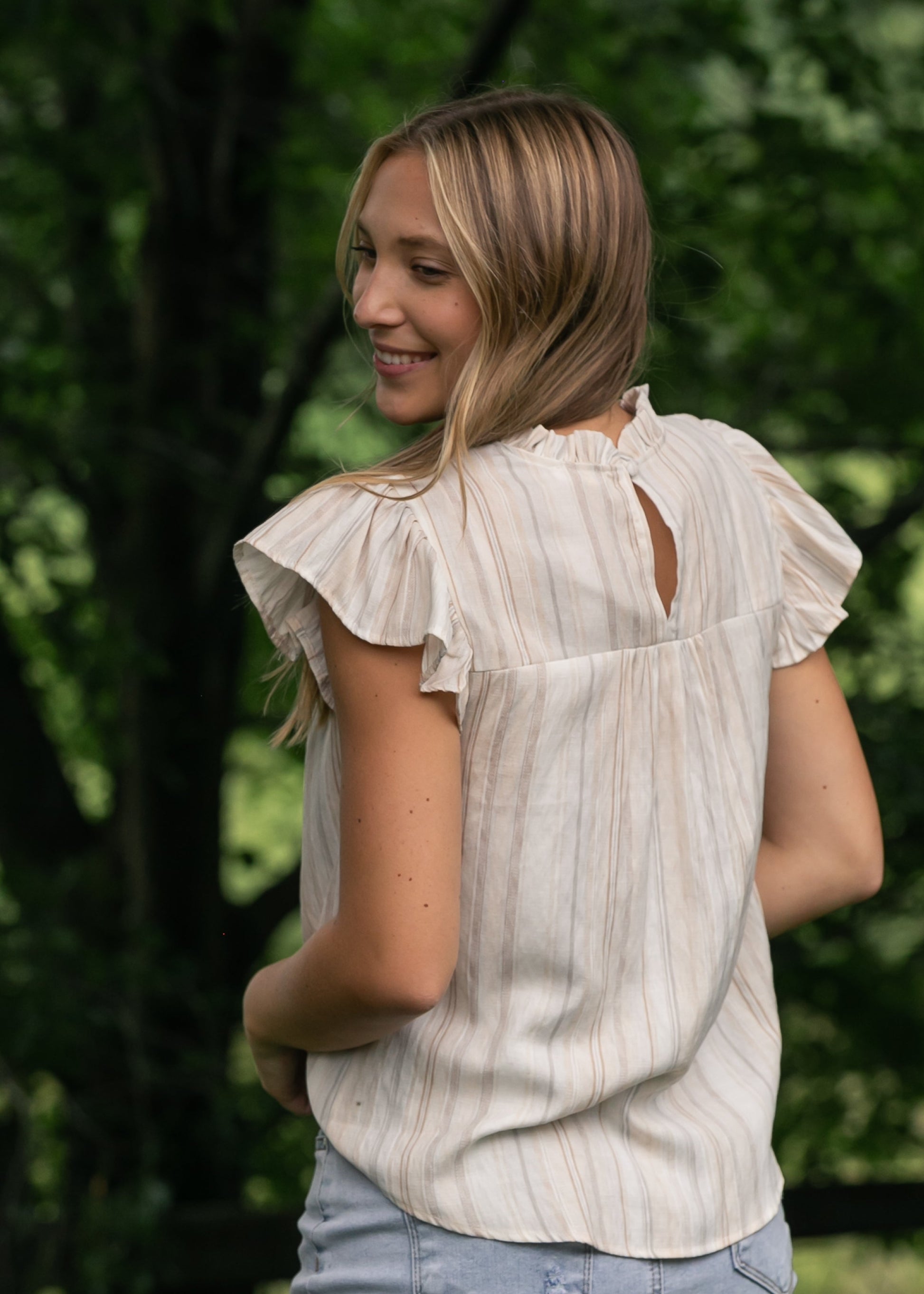 Stripe Lace Trim Ruffle Sleeve Top FF Tops