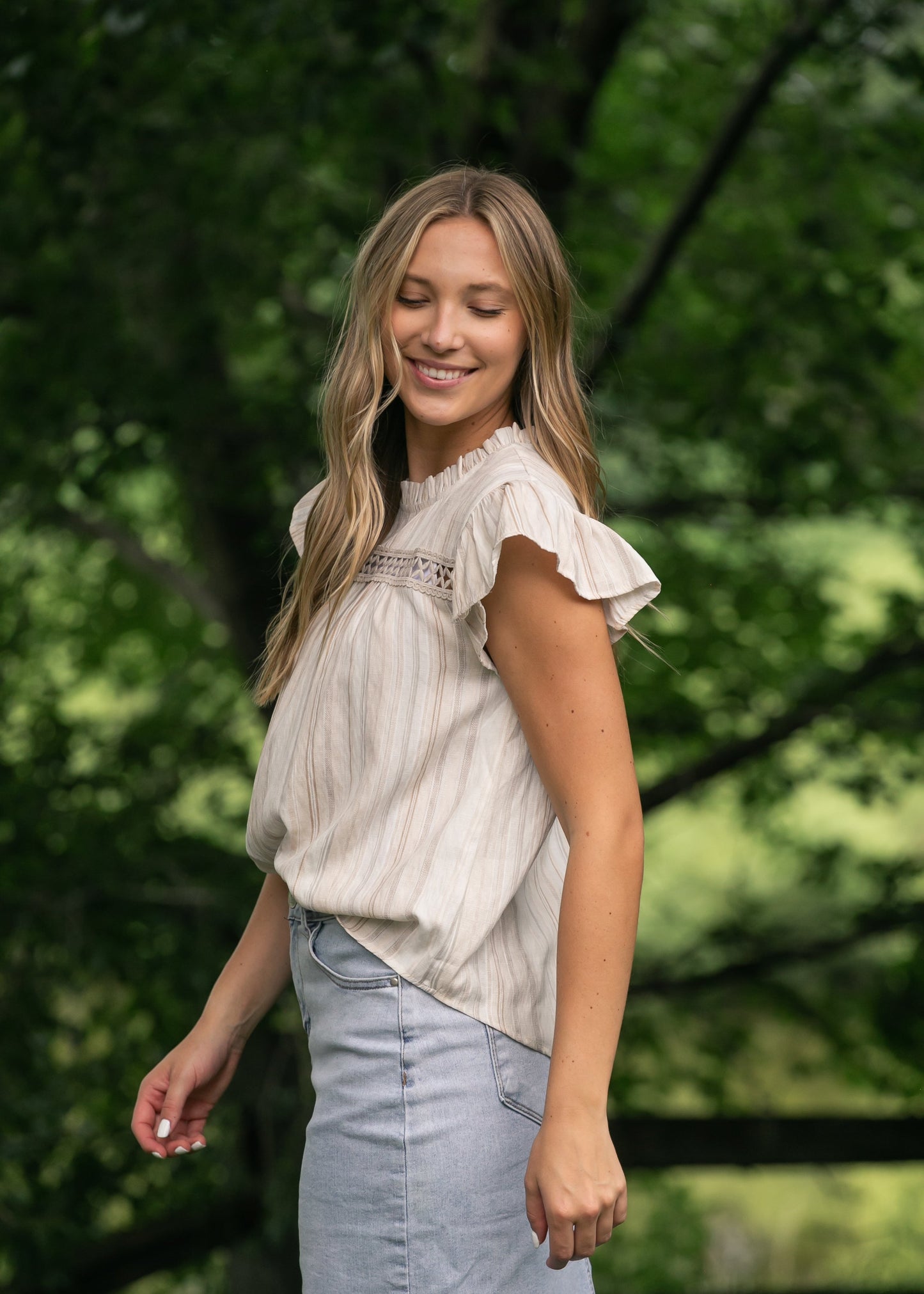 Stripe Lace Trim Ruffle Sleeve Top FF Tops