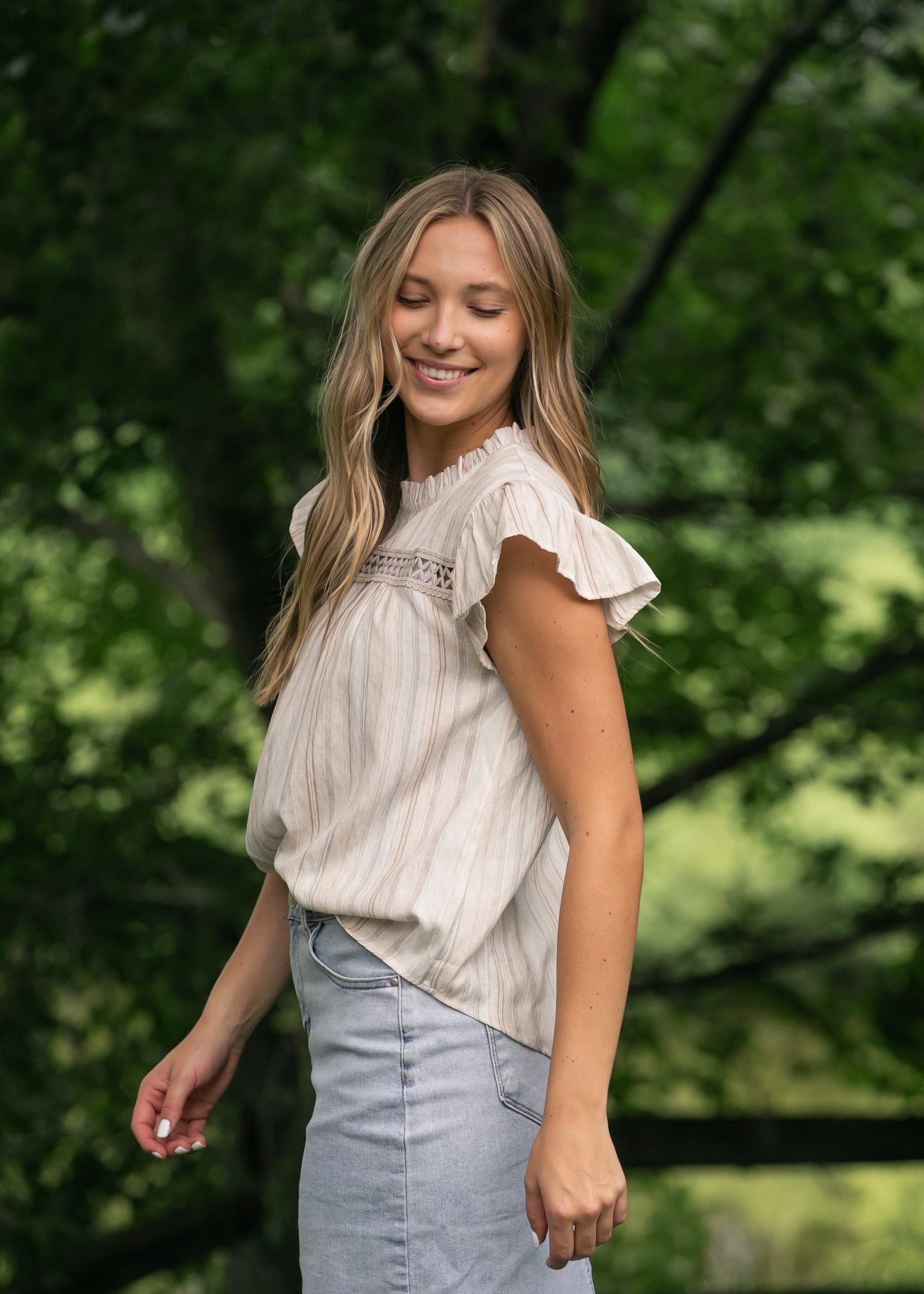 Stripe Lace Trim Ruffle Sleeve Top FF Tops
