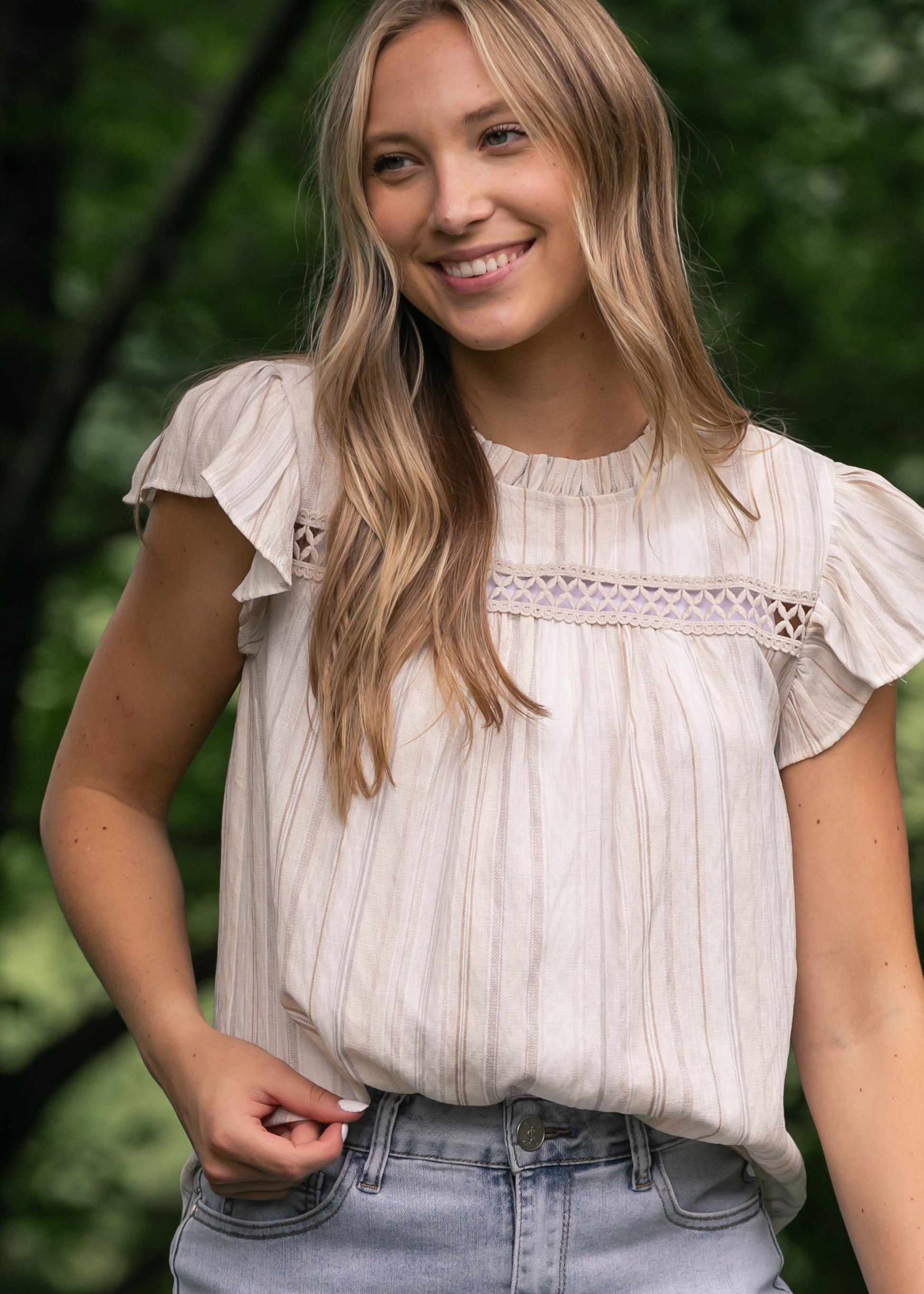 Stripe Lace Trim Ruffle Sleeve Top FF Tops