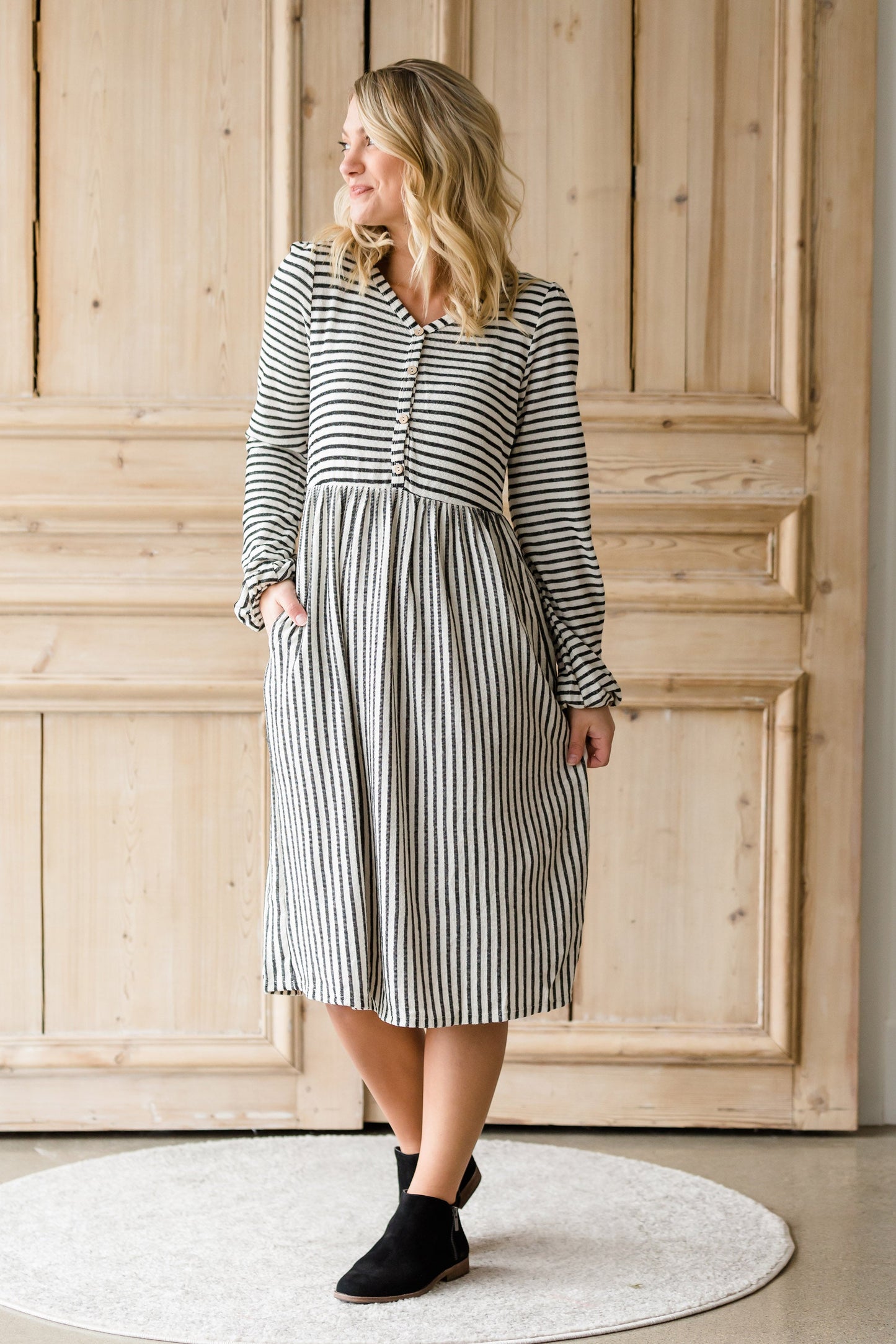 Striped Balloon Sleeve Midi Dress - FINAL SALE Dresses