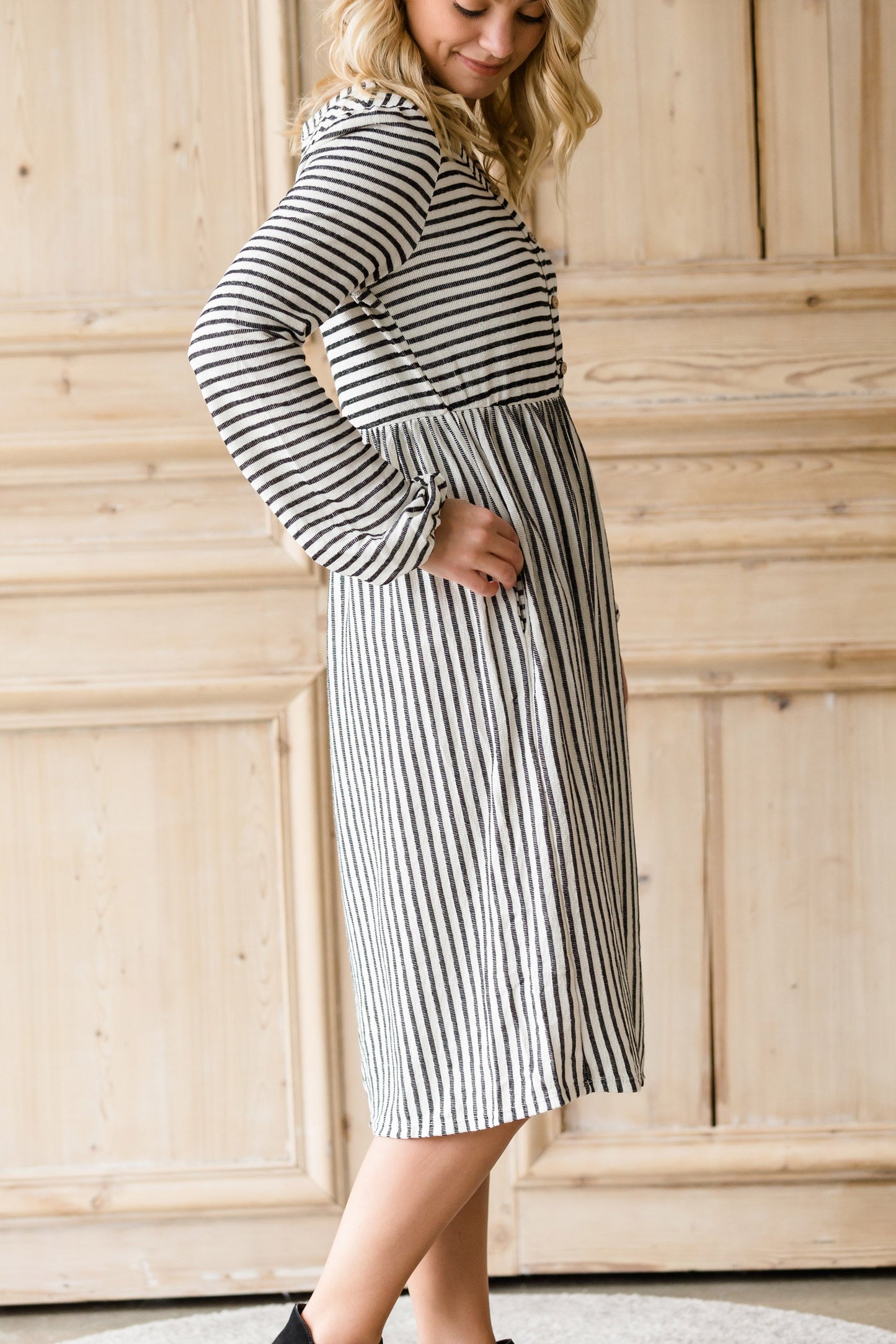 Striped Balloon Sleeve Midi Dress - FINAL SALE Dresses