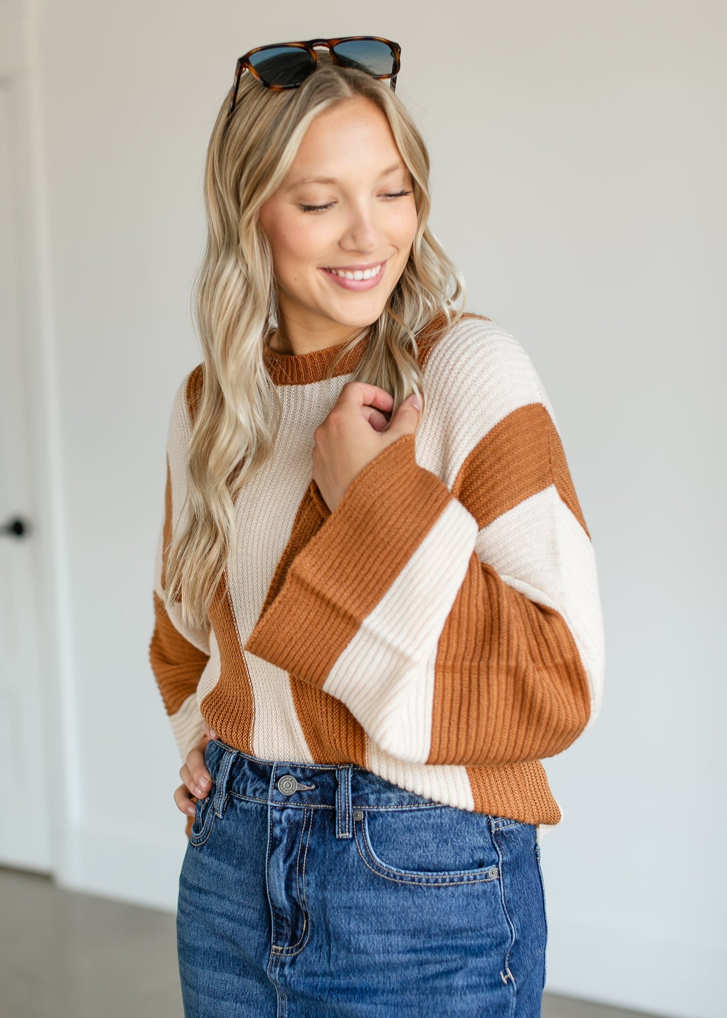 Striped Bell Sleeve Knit Sweater FF Tops