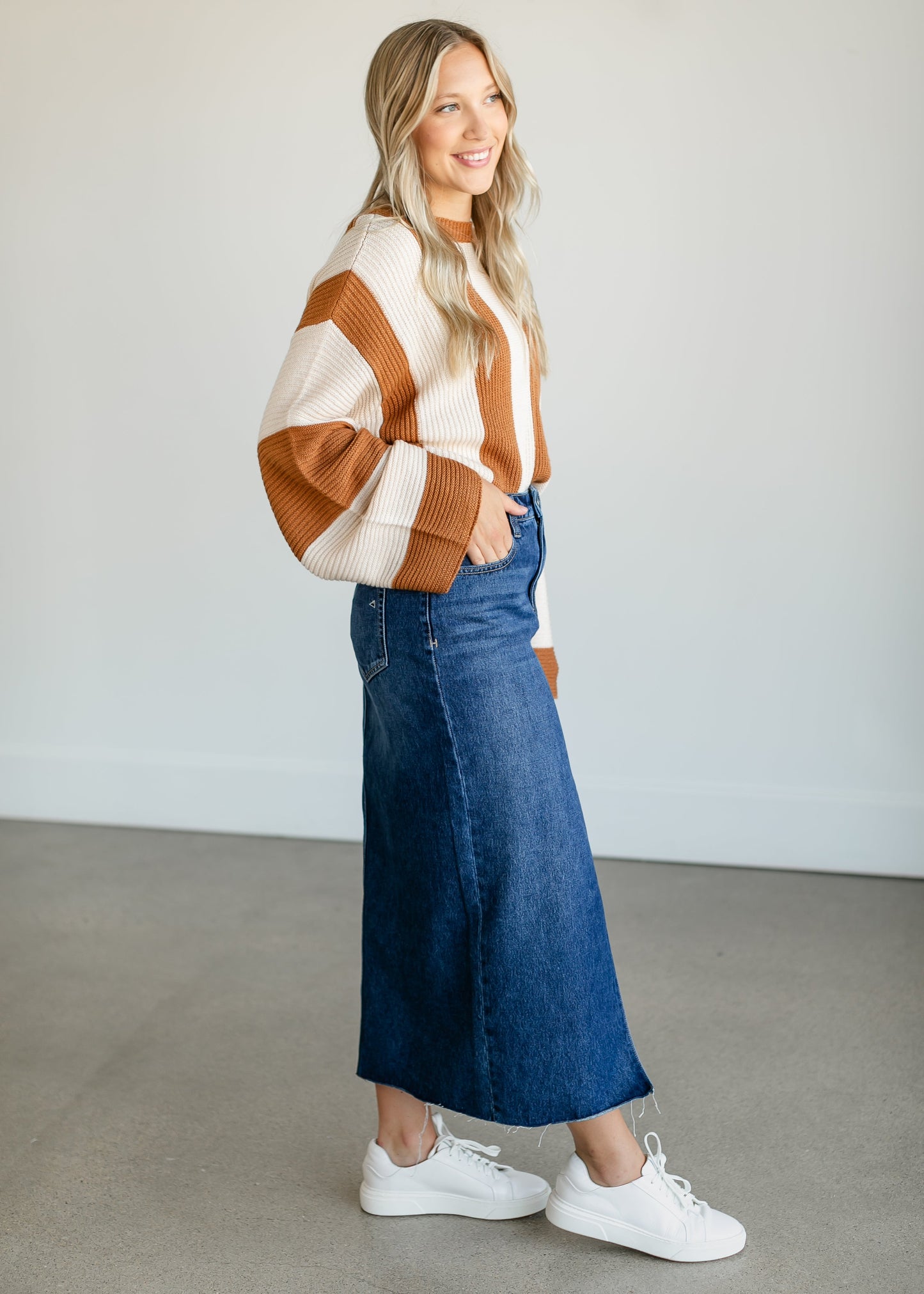 Striped Bell Sleeve Knit Sweater FF Tops