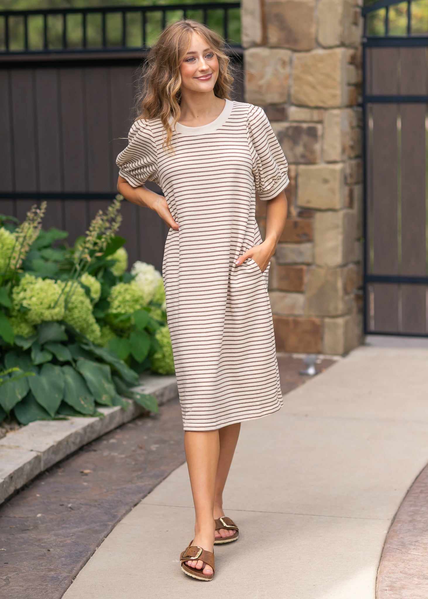 Striped Bubble Sleeve Midi Dress