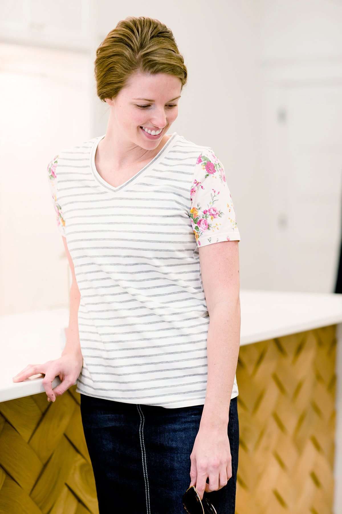 Striped Floral Accent Tee-FINAL SALE Tops