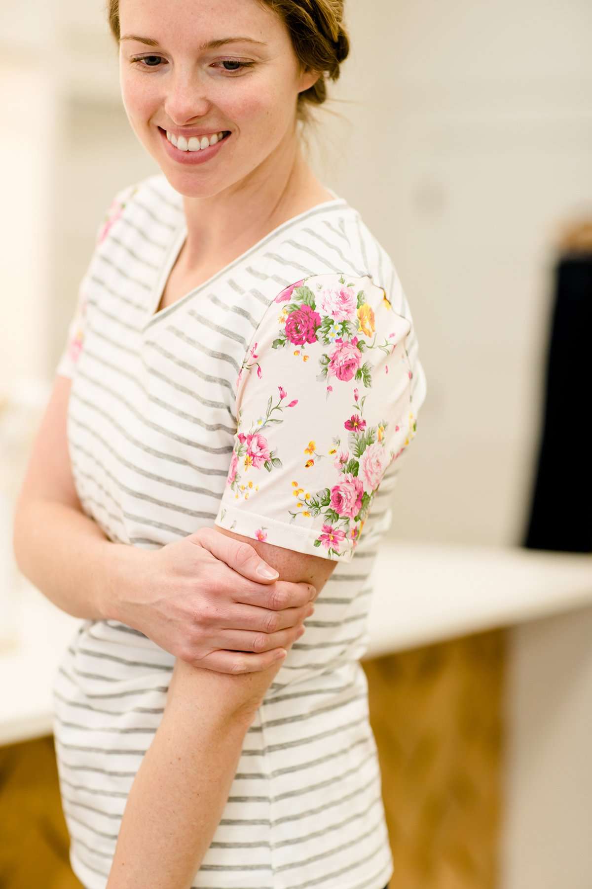 Striped Floral Accent Tee-FINAL SALE Tops