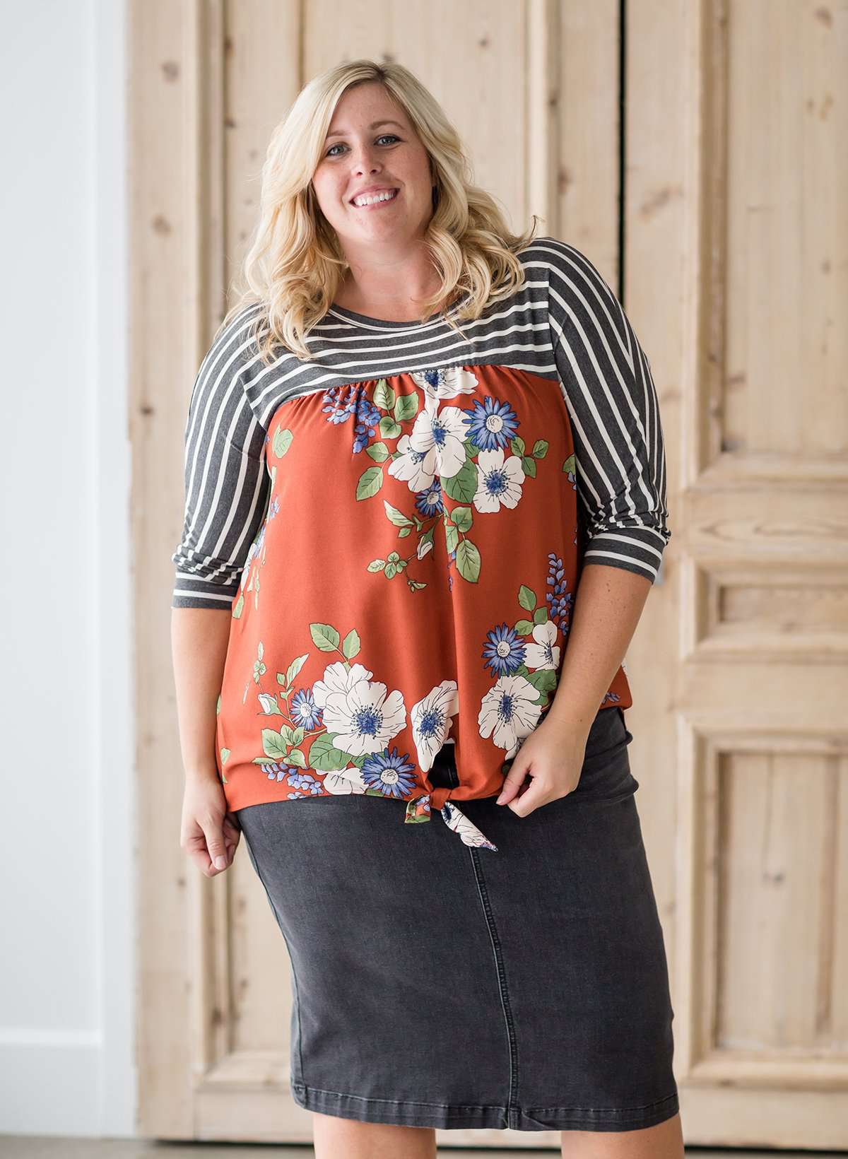 Striped Floral Mix Top - FINAL SALE Tops Rust / 1XL