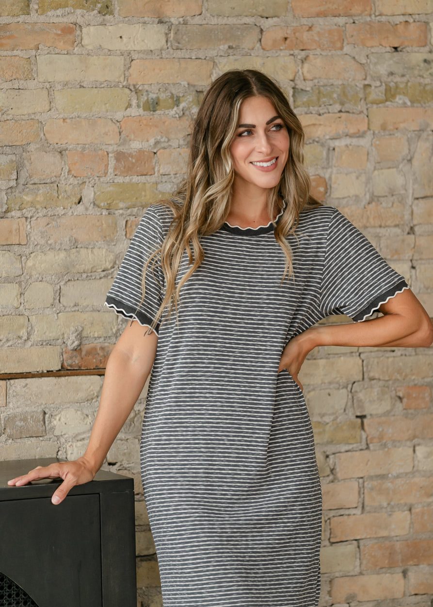 Striped Knit Scallop Edge T-Shirt Midi Dress FF Dresses