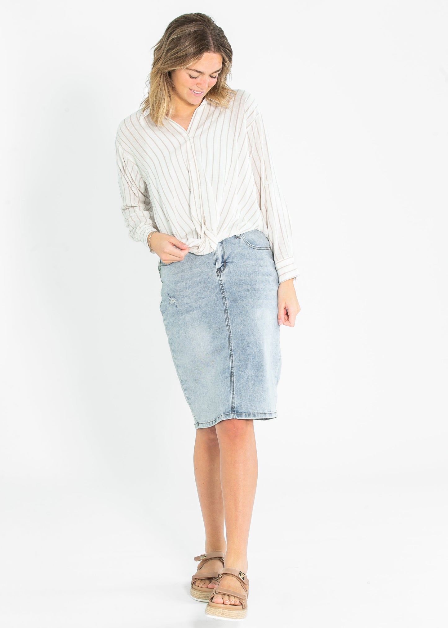Striped Long Sleeve Button Up Twist Hem Top FF Tops
