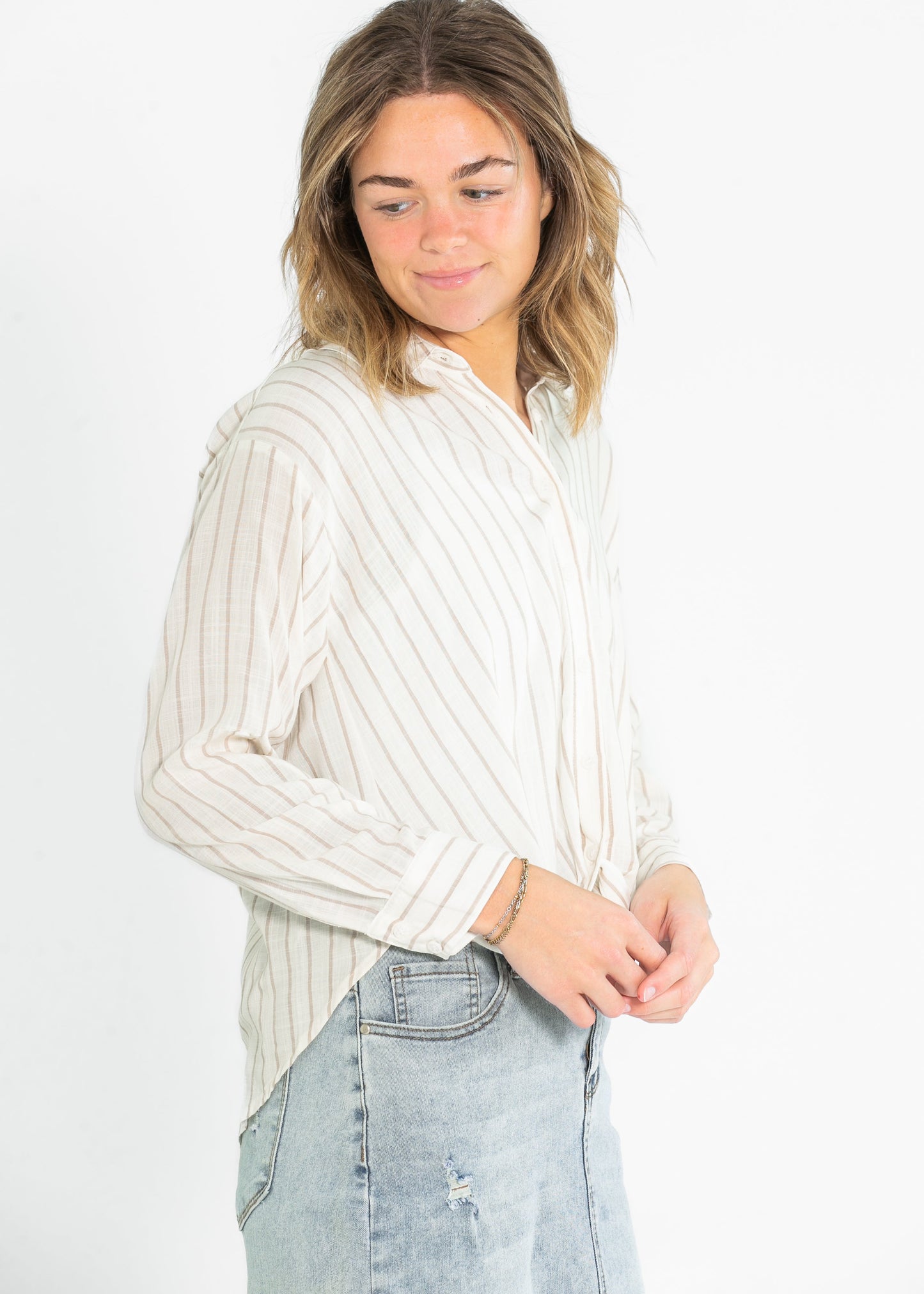 Striped Long Sleeve Button Up Twist Hem Top FF Tops