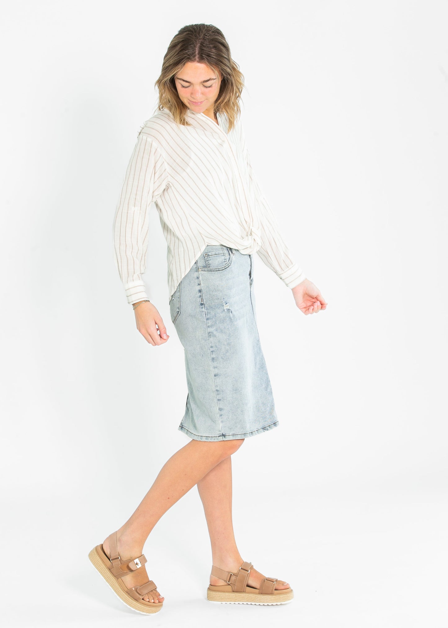 Striped Long Sleeve Button Up Twist Hem Top FF Tops