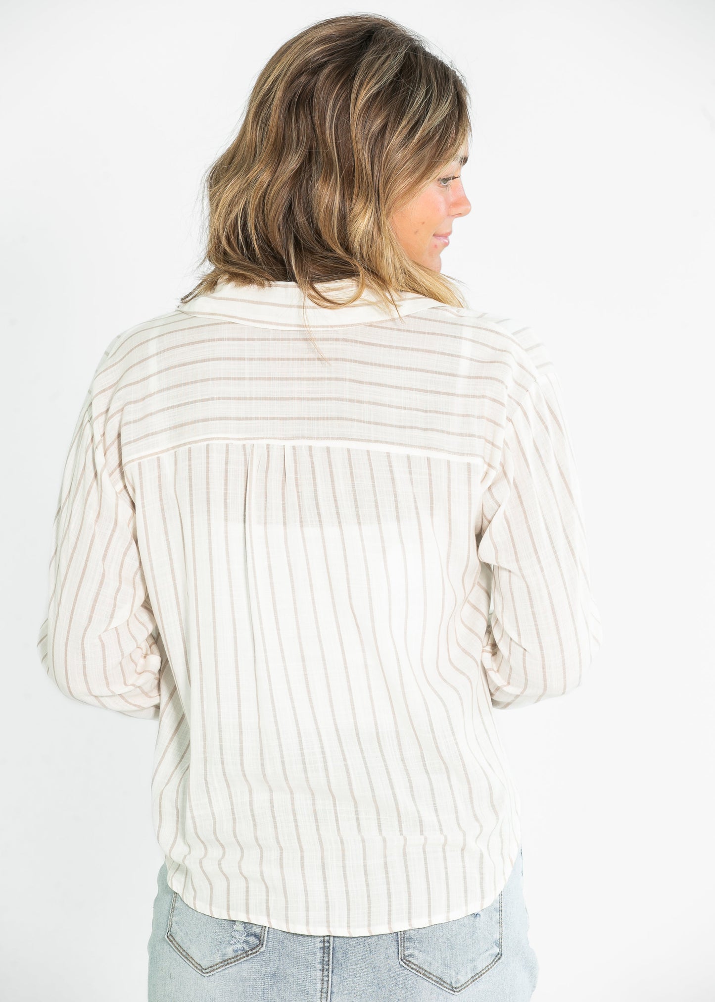 Striped Long Sleeve Button Up Twist Hem Top FF Tops