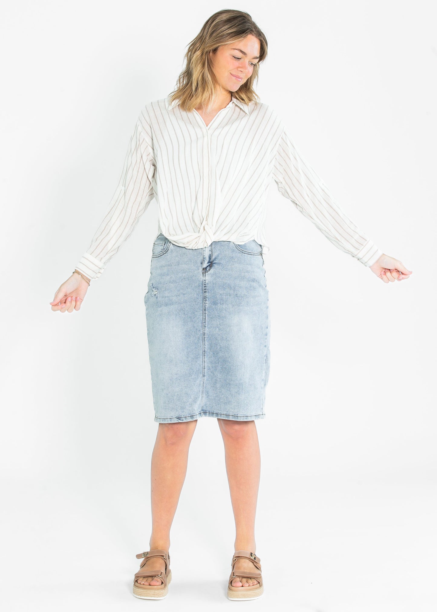 Striped Long Sleeve Button Up Twist Hem Top FF Tops