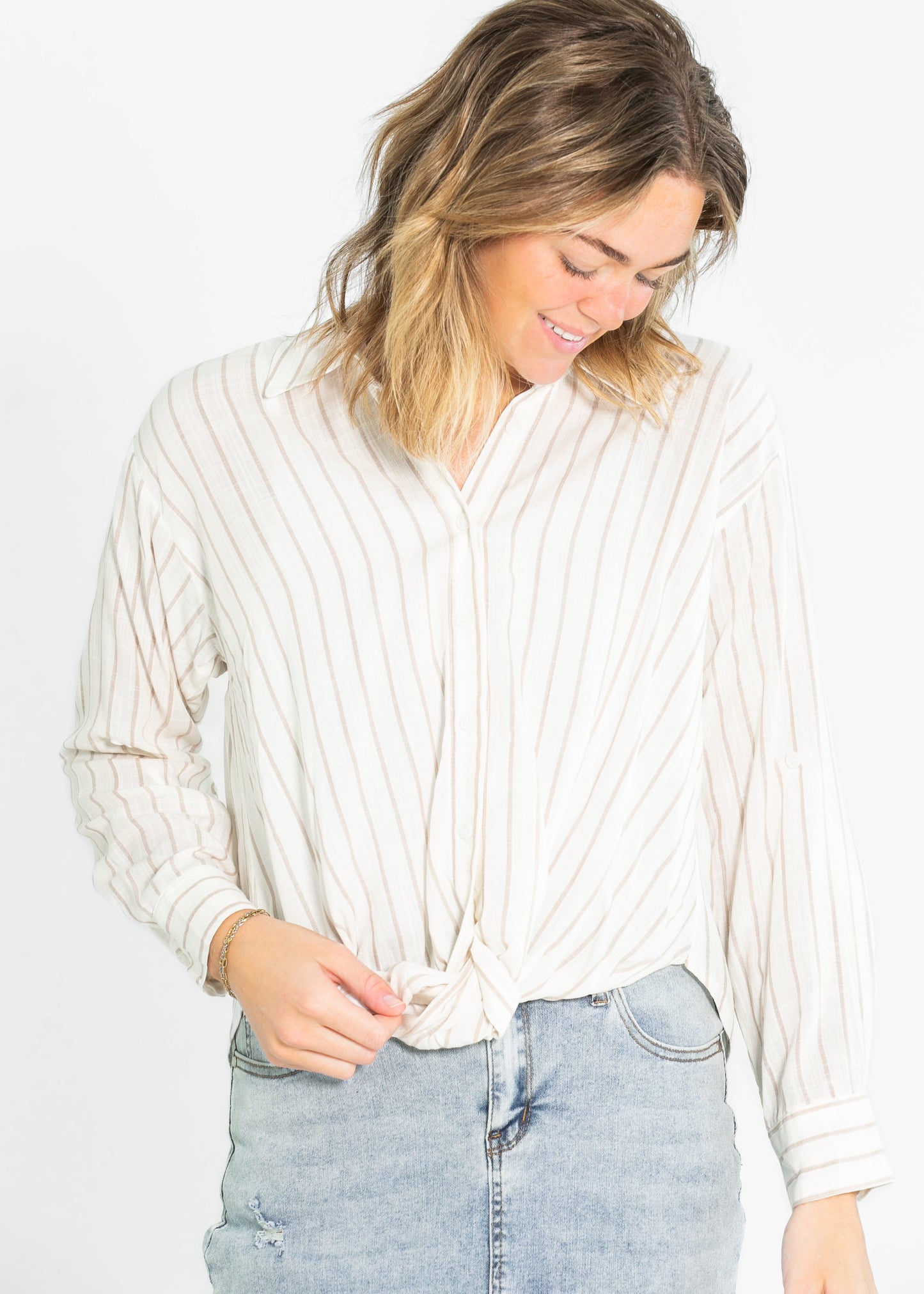 Striped Long Sleeve Button Up Twist Hem Top FF Tops