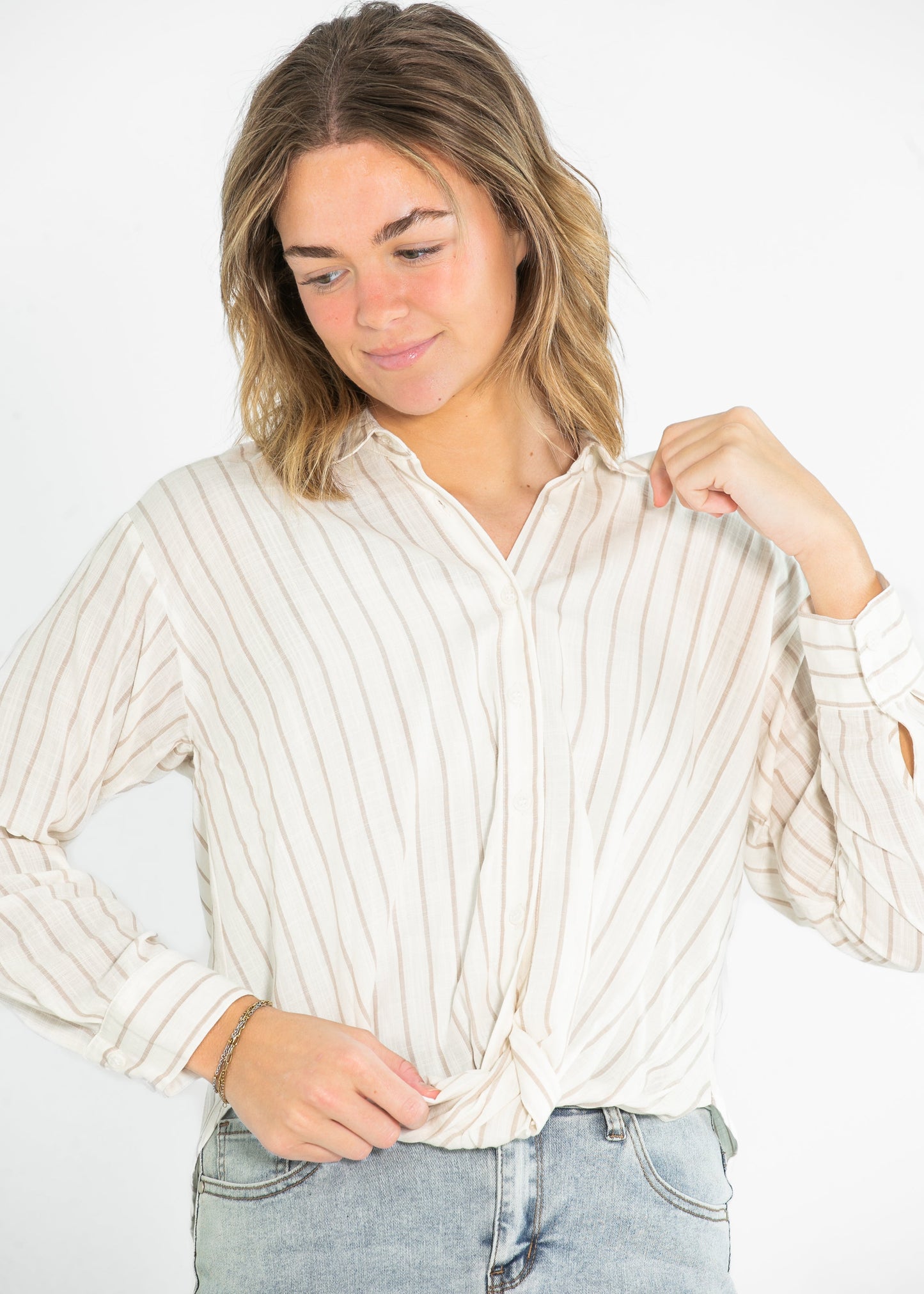 Striped Long Sleeve Button Up Twist Hem Top FF Tops S
