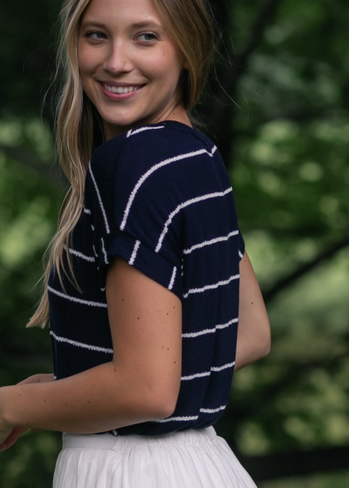 Striped Round Neck Knit Top FF Tops Navy Stripe / S