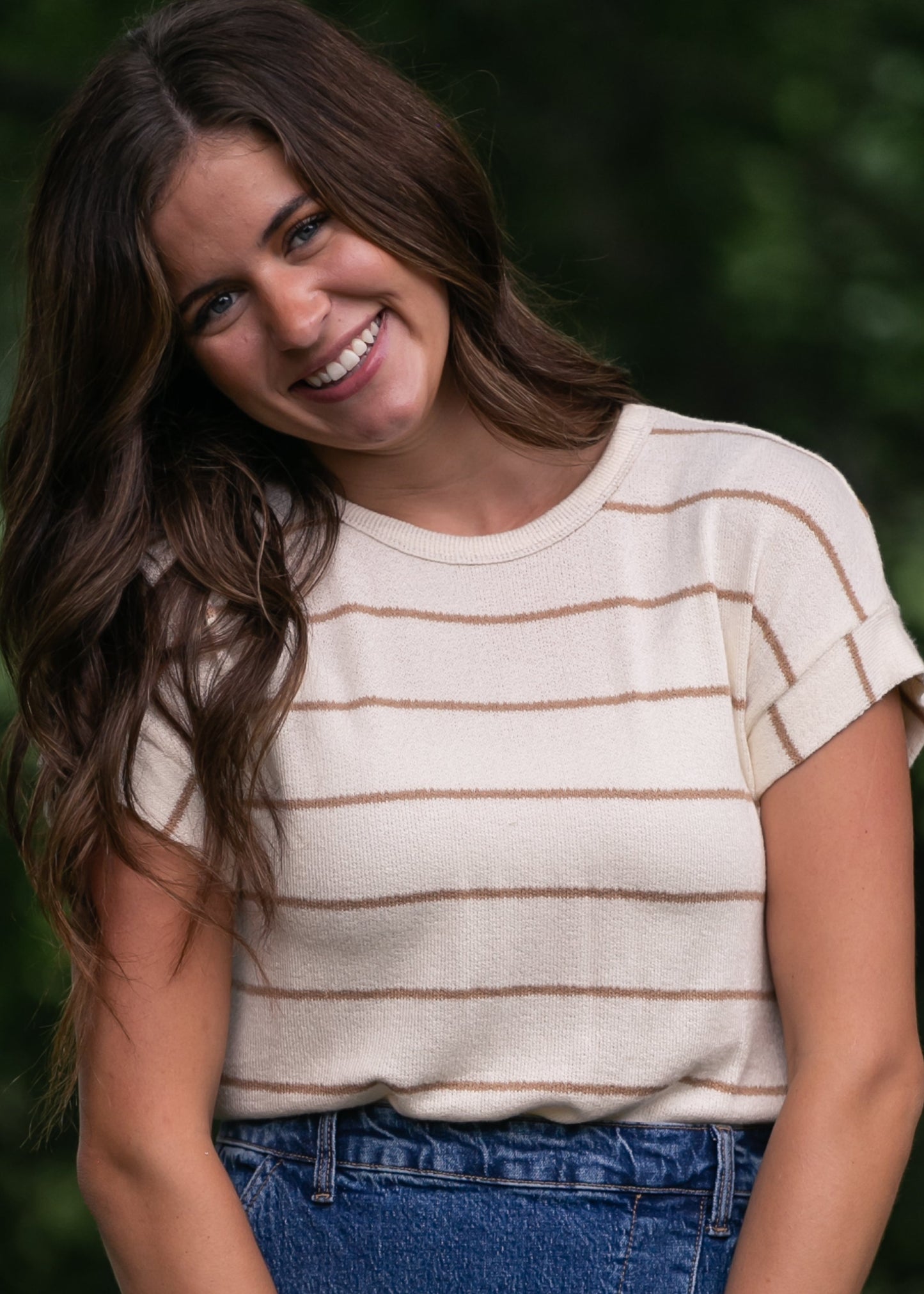Striped Round Neck Knit Top FF Tops Taupe Stripe / S