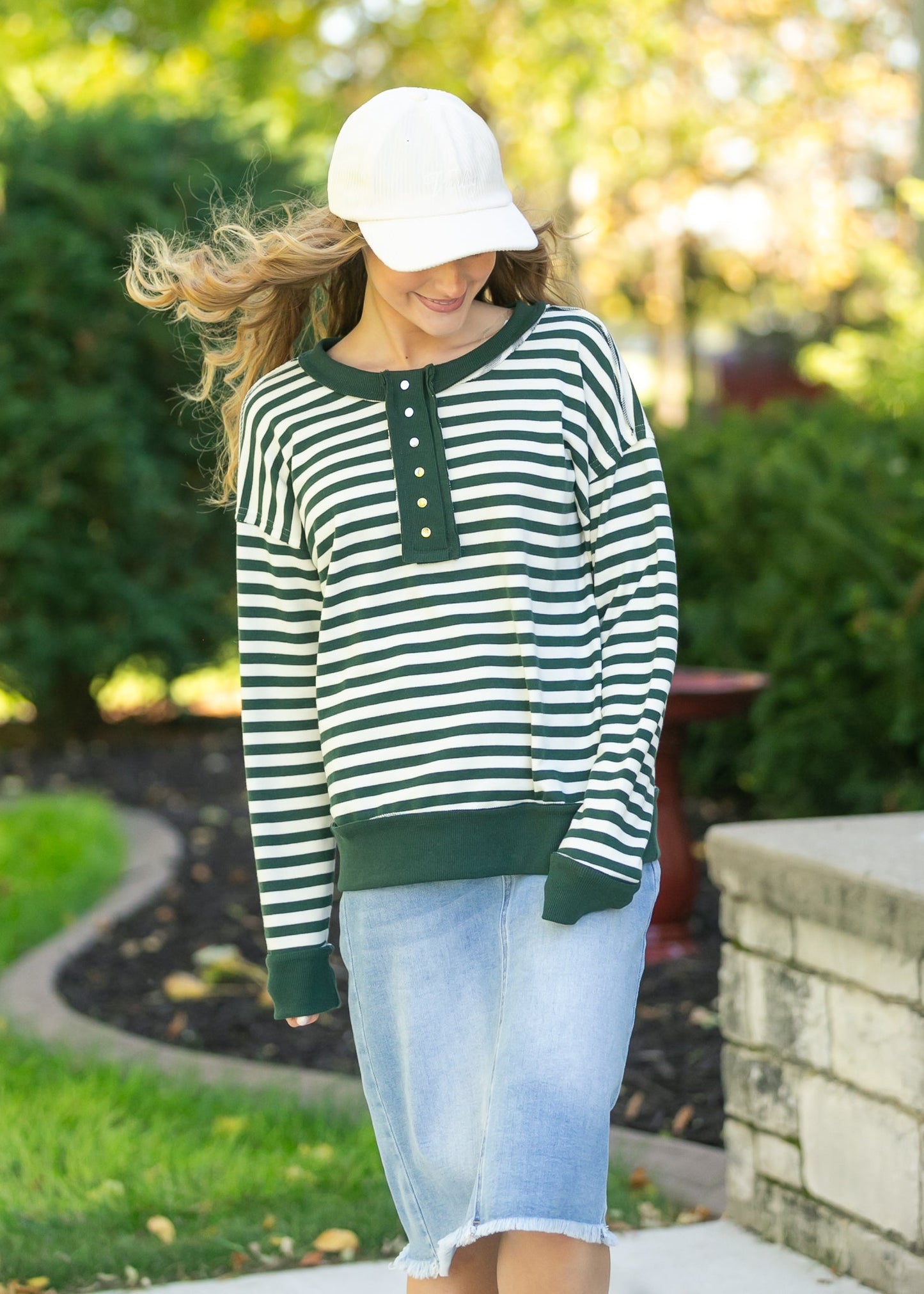 Striped Snap Front Henley Sweatshirt FF Tops