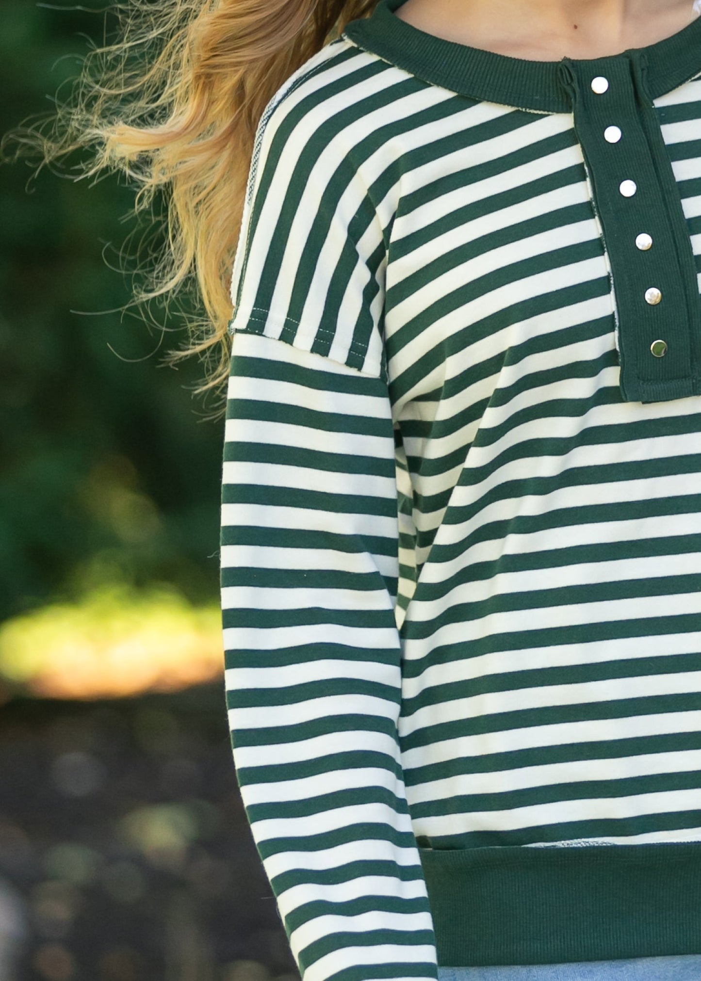 Striped Snap Front Henley Sweatshirt FF Tops