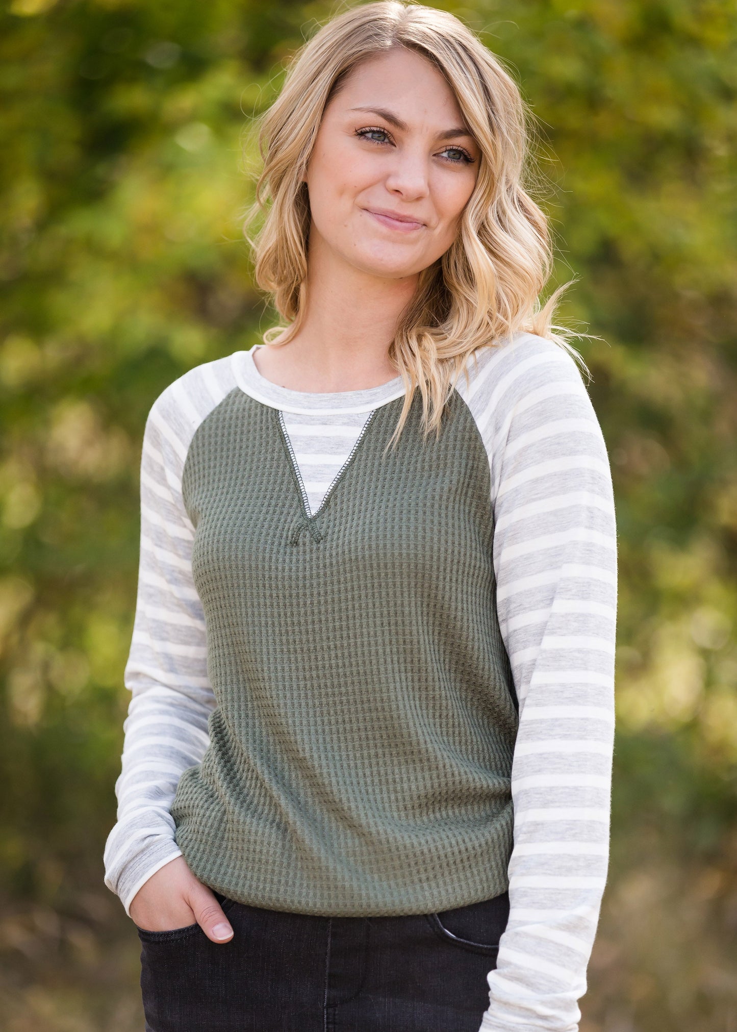 Striped Waffle Knit Raglan Top - FINAL SALE Tops