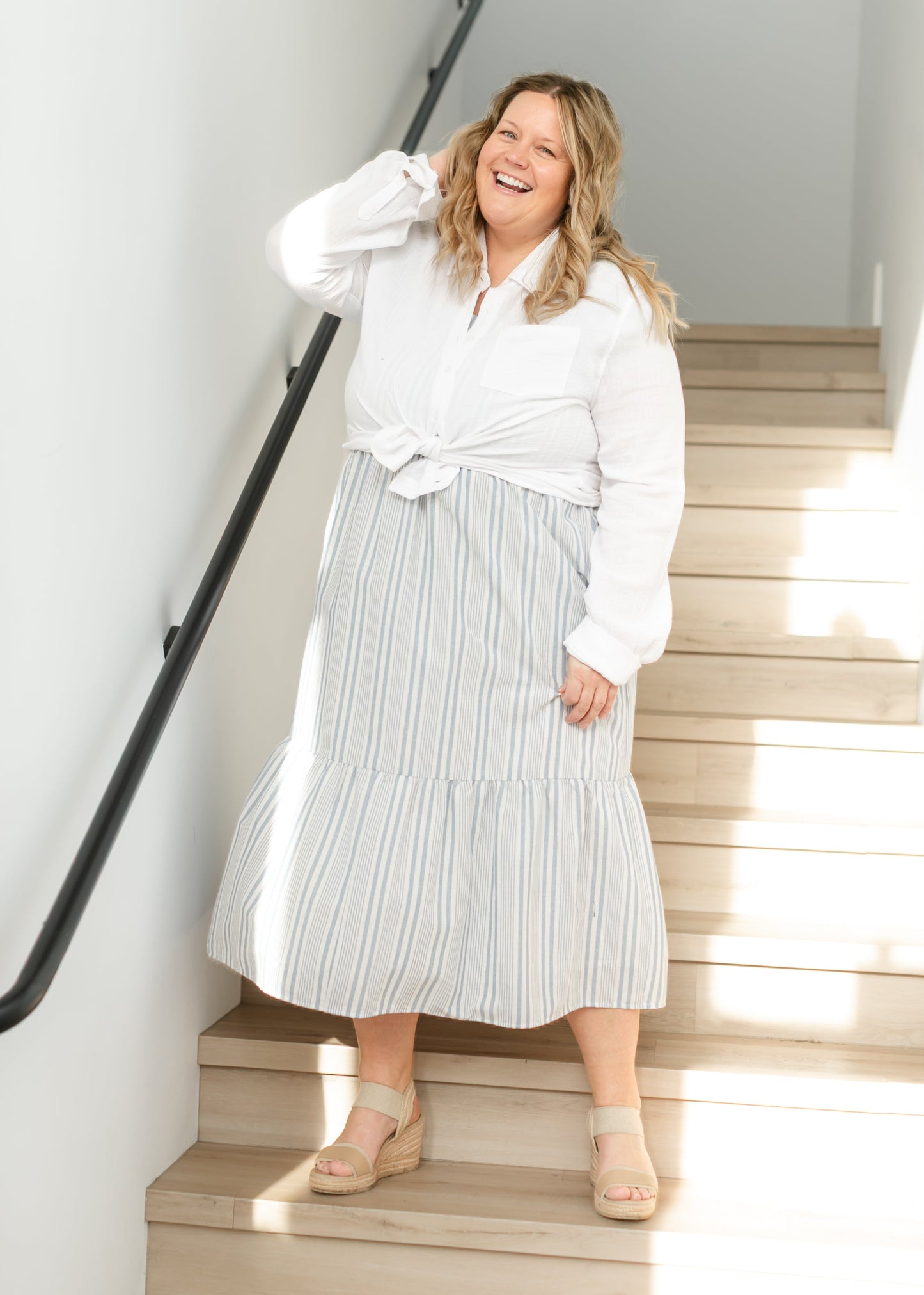 Summer Blue Stripe Flutter Sleeve Midi Dress IC Dresses