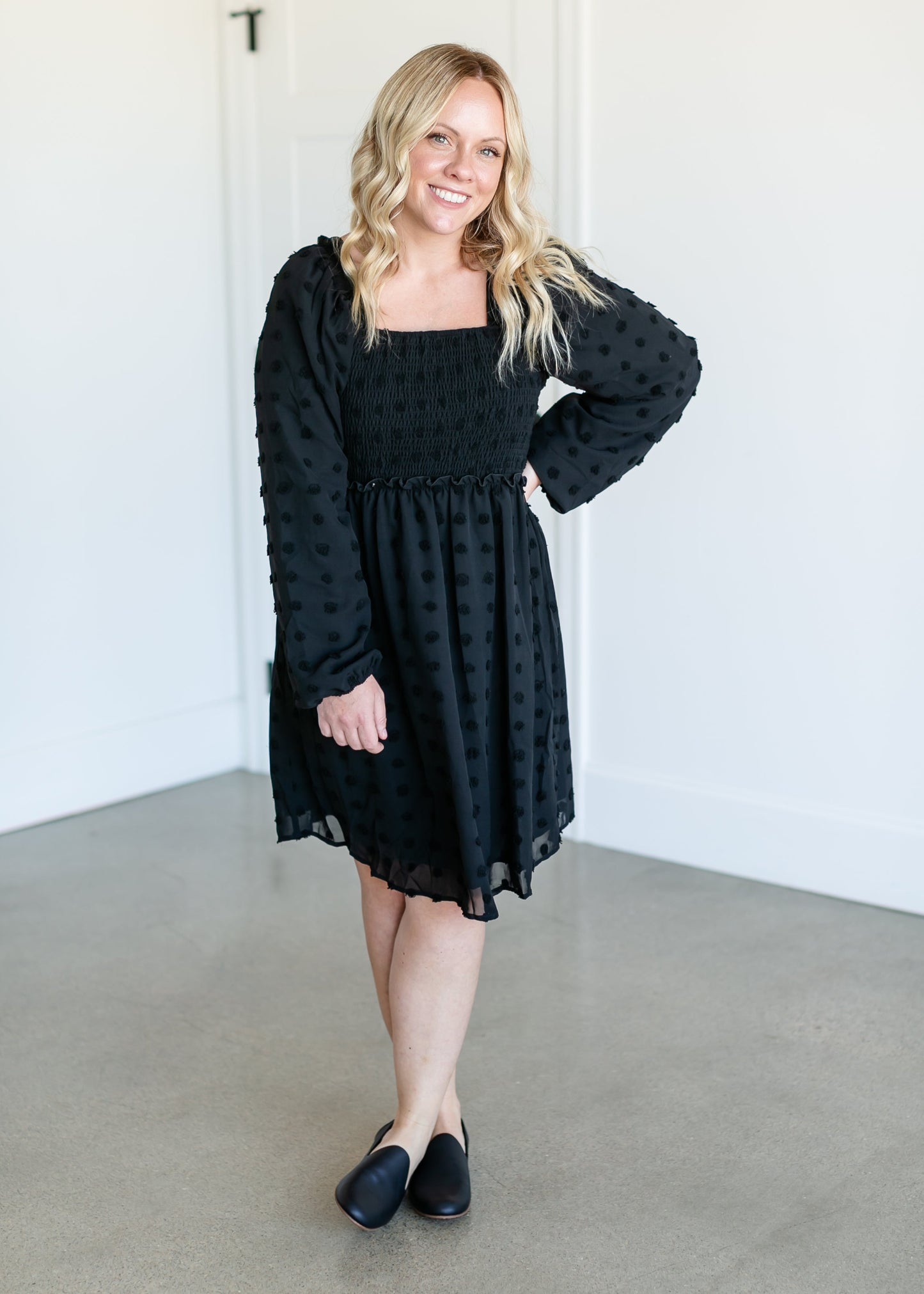 Swiss Dot Smocked Midi Dress FF Dresses Black / XS