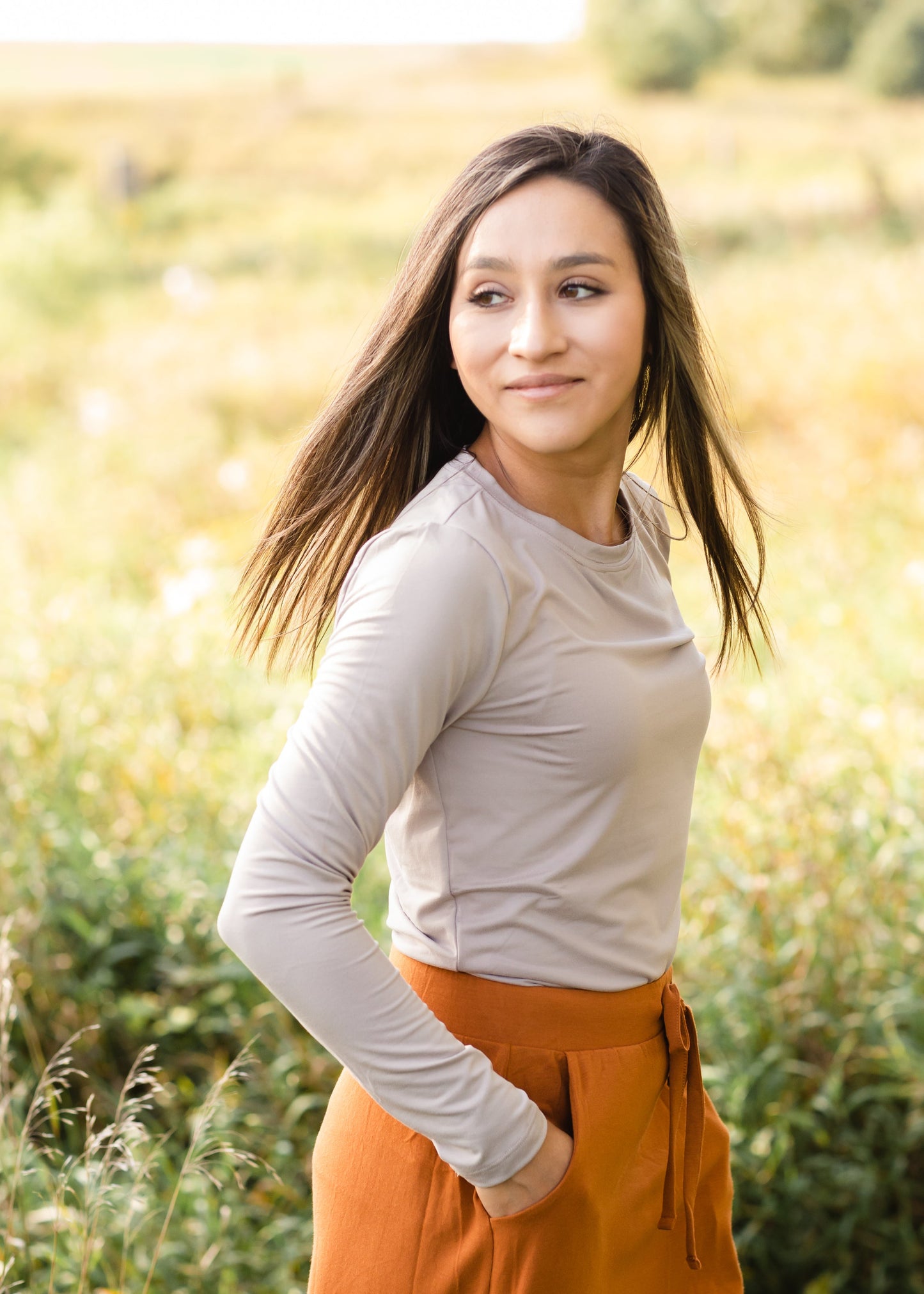 Tan Long Sleeve Round Neck Layering Tee - FINAL SALE Tops