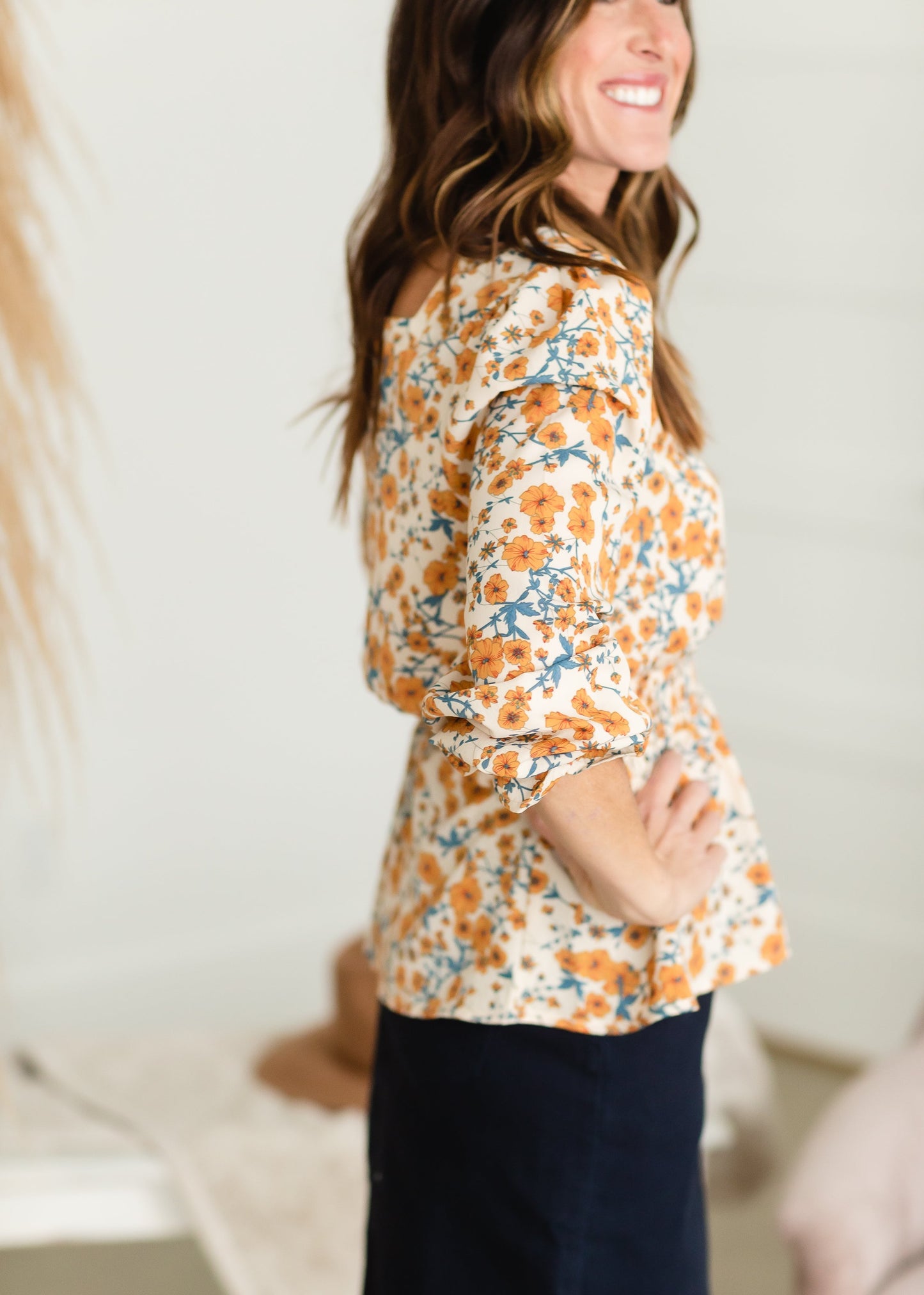 Taupe Square Neck Floral Top - FINAL SALE Tops