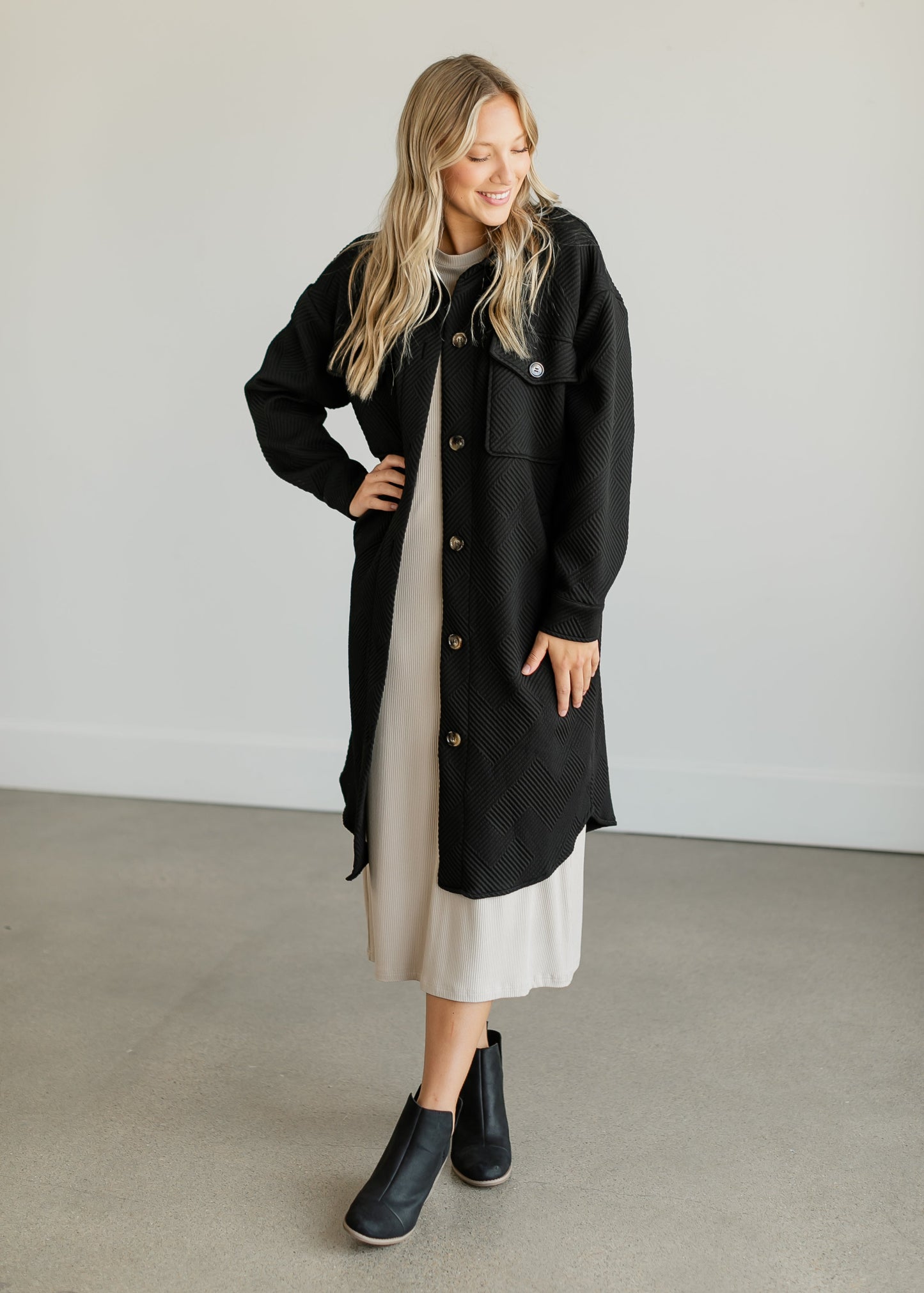 Textured Duster Long Shacket FF Tops Black / S