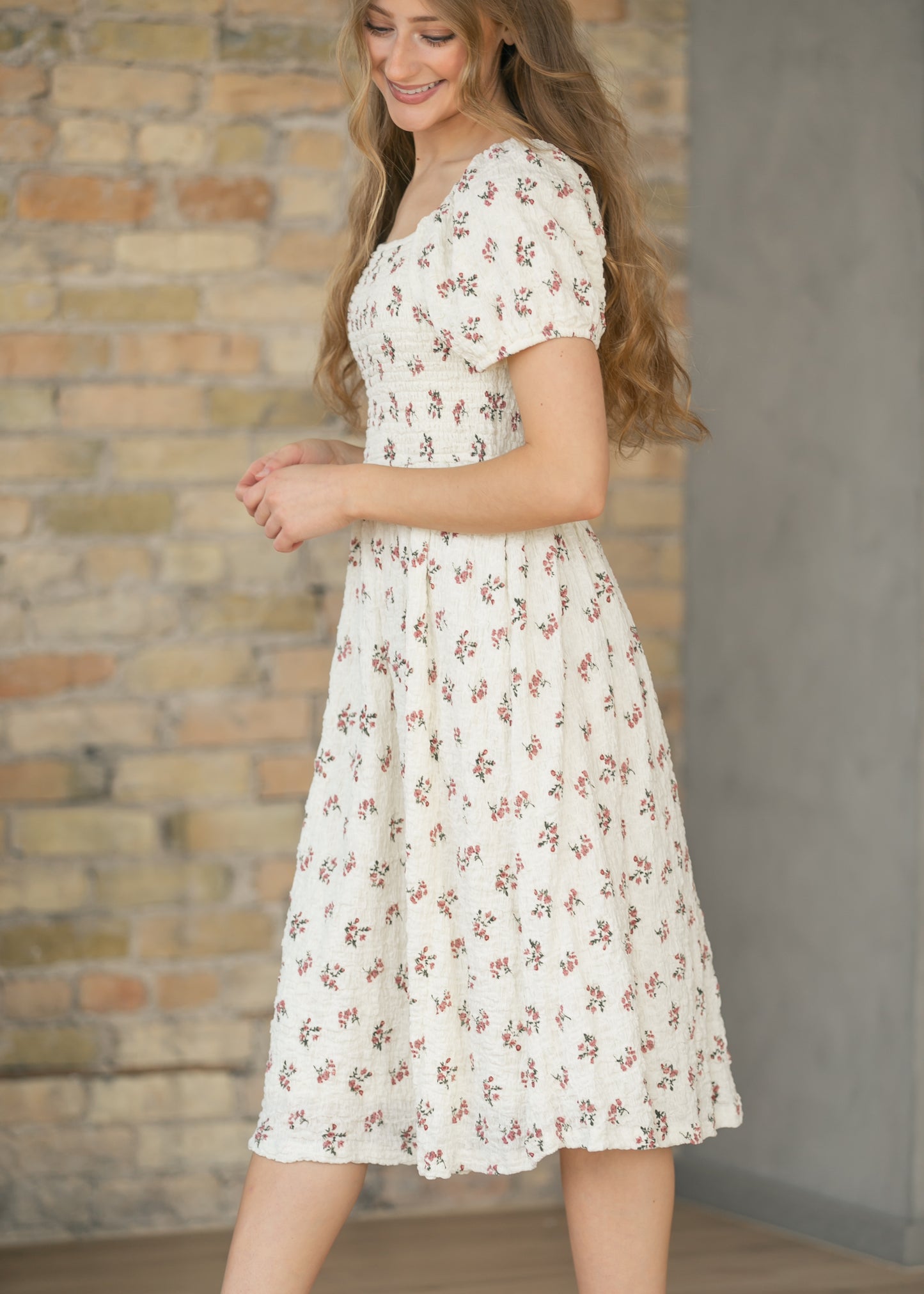 Textured Floral Smocked Midi Dress FF Dresses