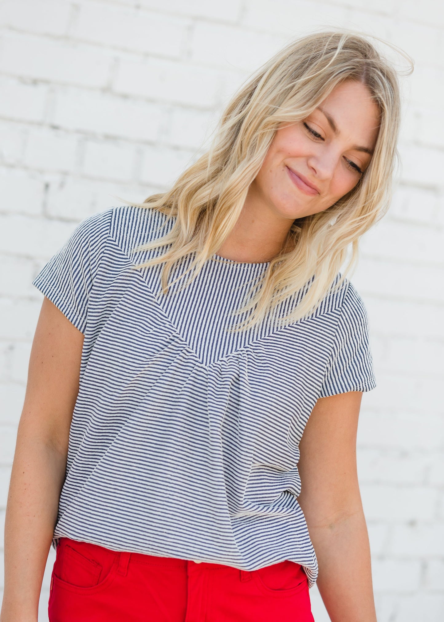 Textured Striped Blue Short Sleeve Tee - FINAL SALE Tops