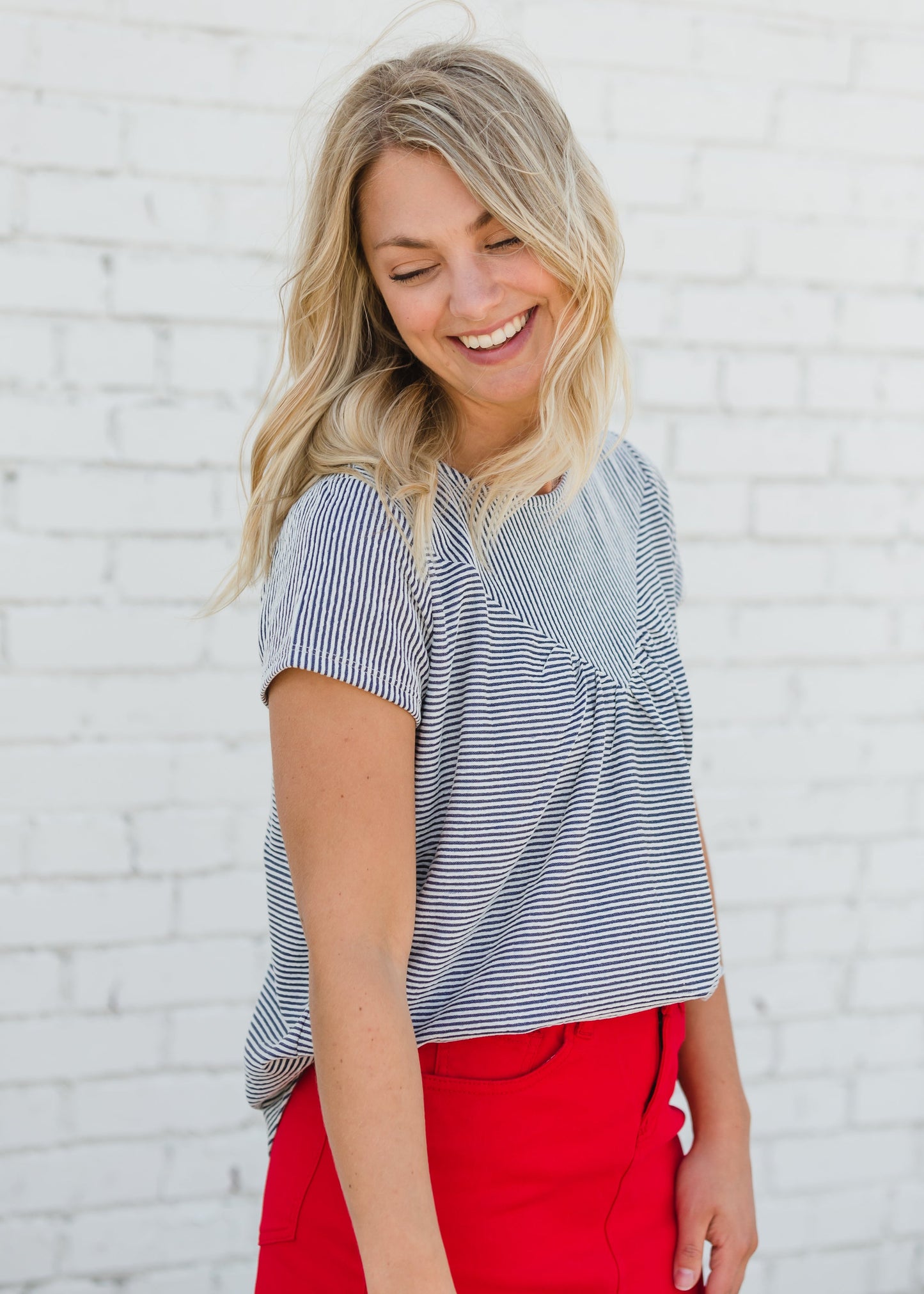 Textured Striped Blue Short Sleeve Tee - FINAL SALE Tops