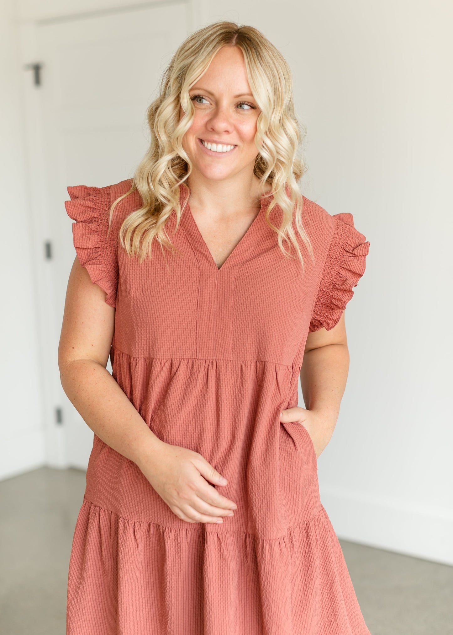 Textured V-neck Ruffle Sleeve Midi Dress FF Dresses