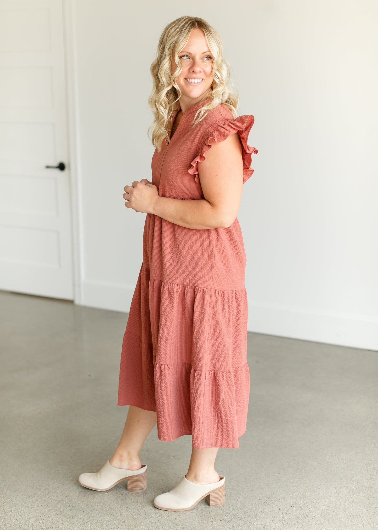 Textured V-neck Ruffle Sleeve Midi Dress FF Dresses