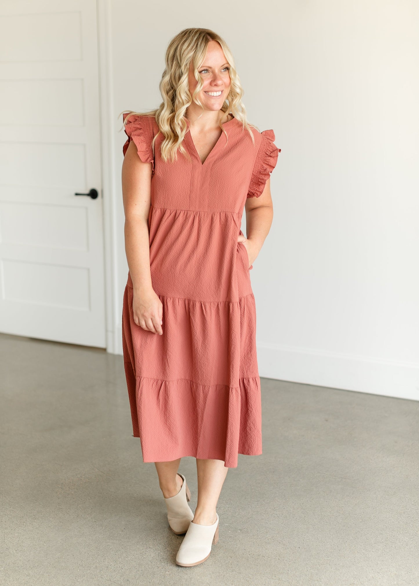 Textured V-neck Ruffle Sleeve Midi Dress FF Dresses