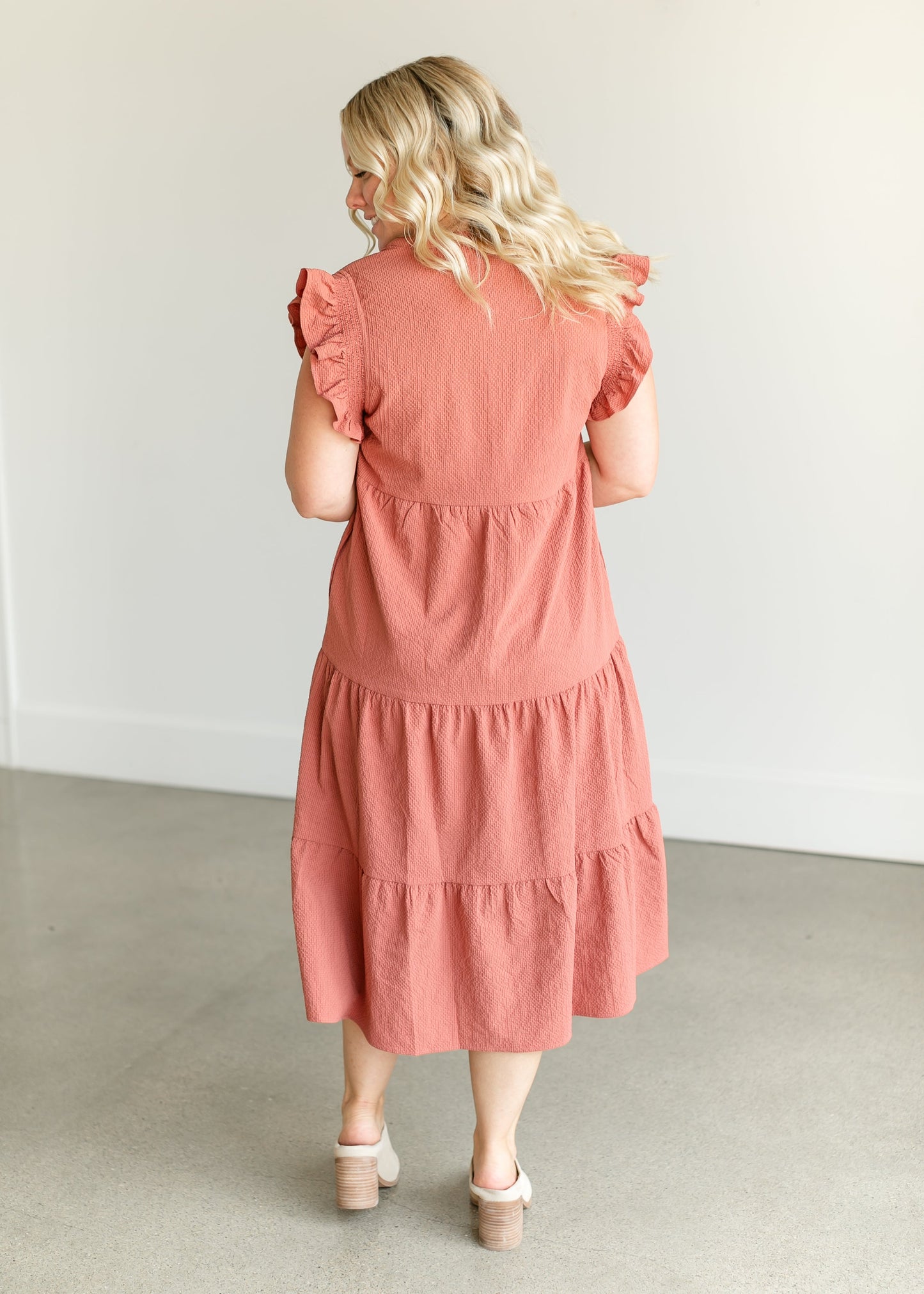 Textured V-neck Ruffle Sleeve Midi Dress FF Dresses