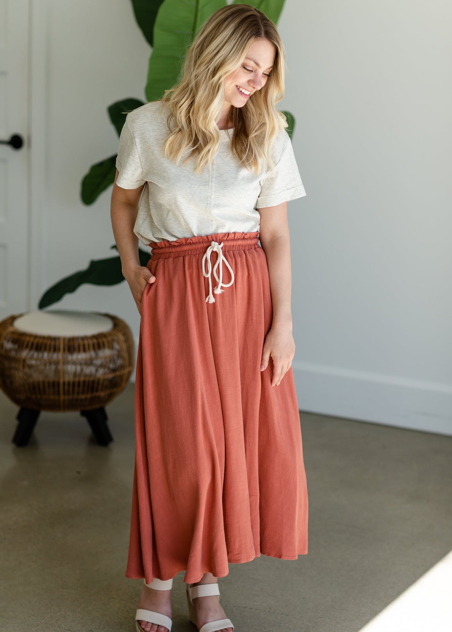 Tie Waist Knit Maxi Skirt Skirts Rust / S