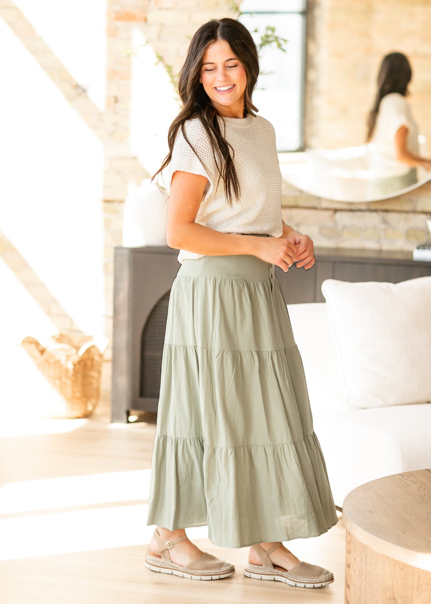 Tiered Button Up Olive Maxi Skirt FF Skirts