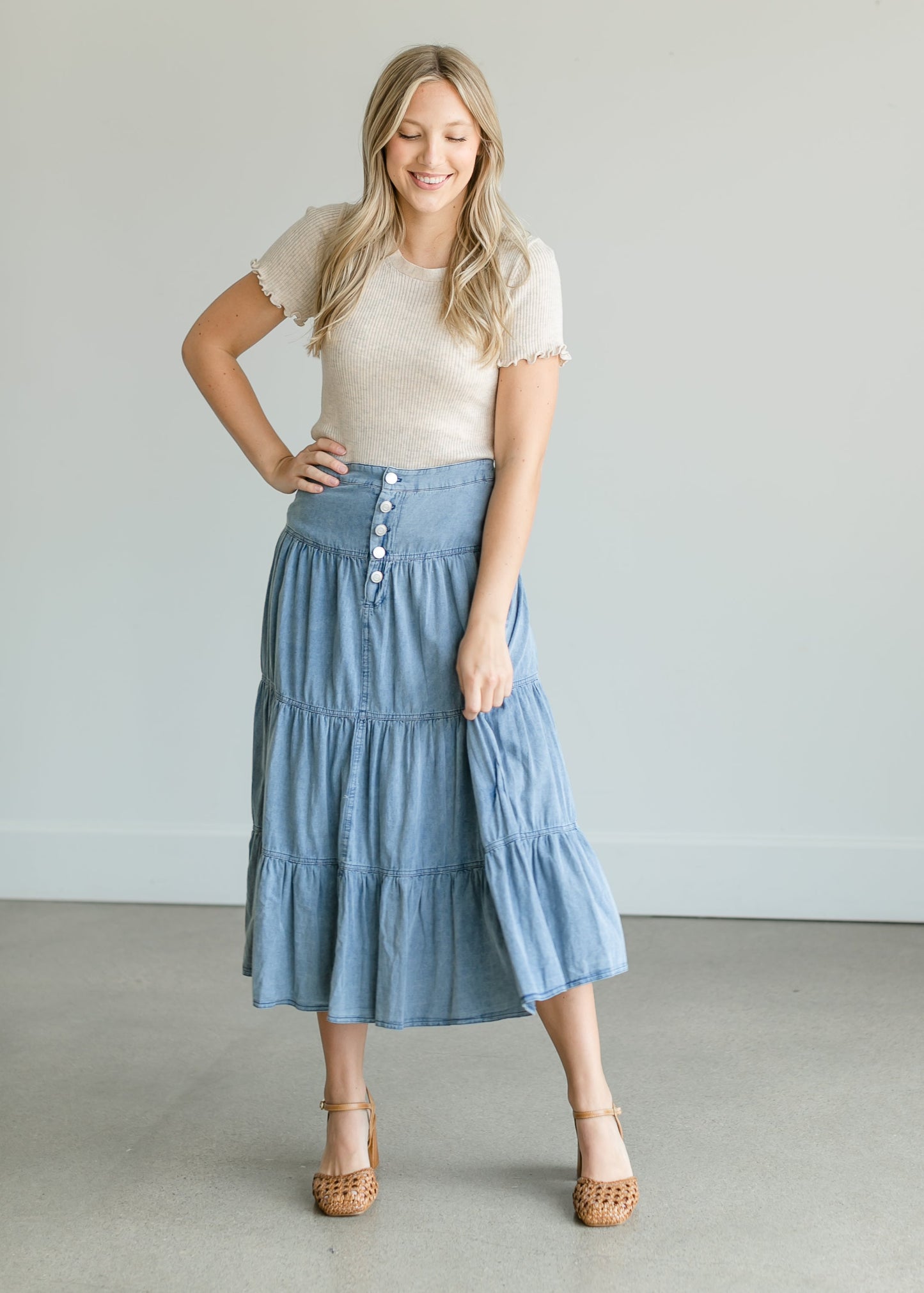 Tiered Chambray Blue Midi Skirt Skirts