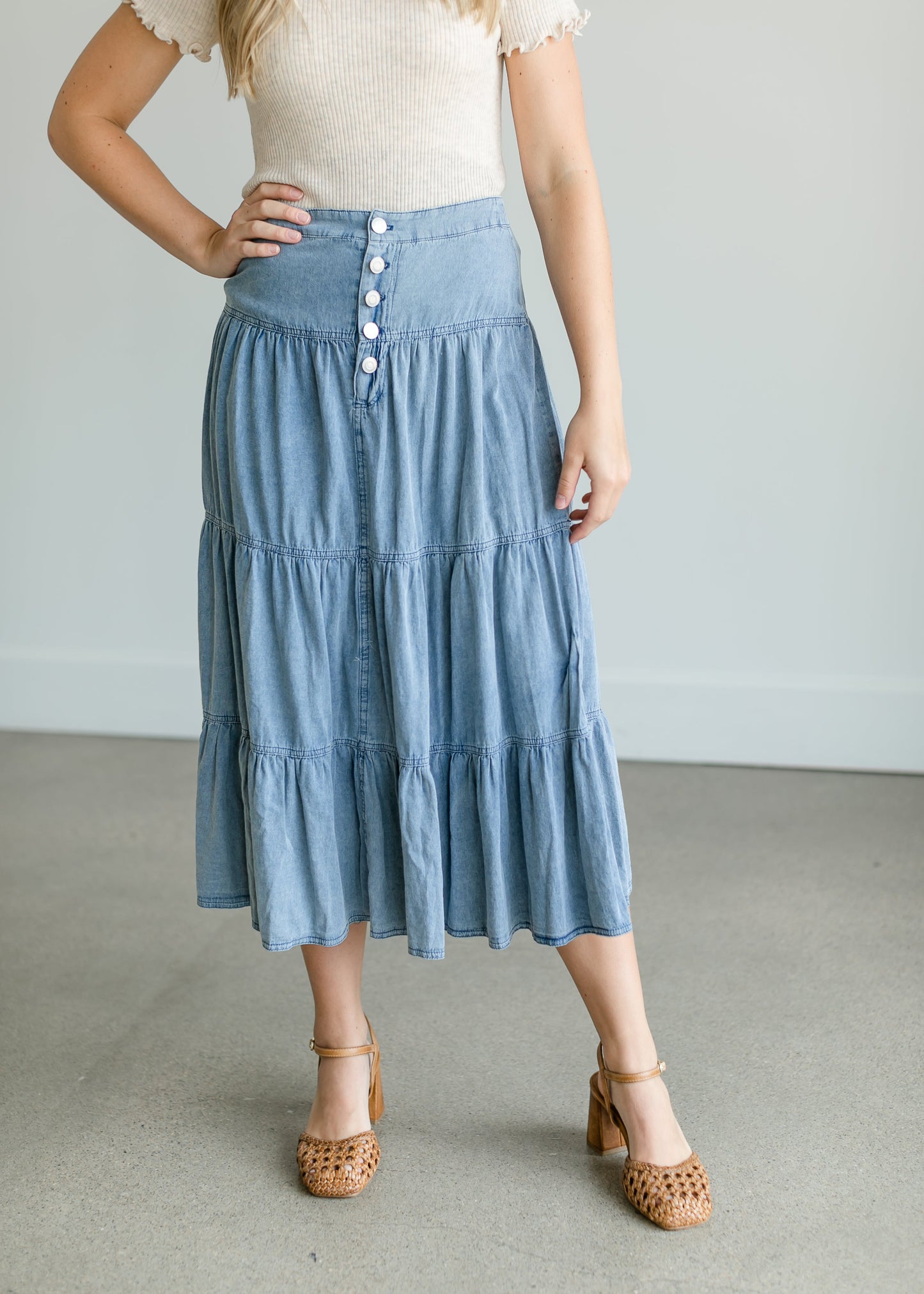 Tiered Chambray Blue Midi Skirt Skirts