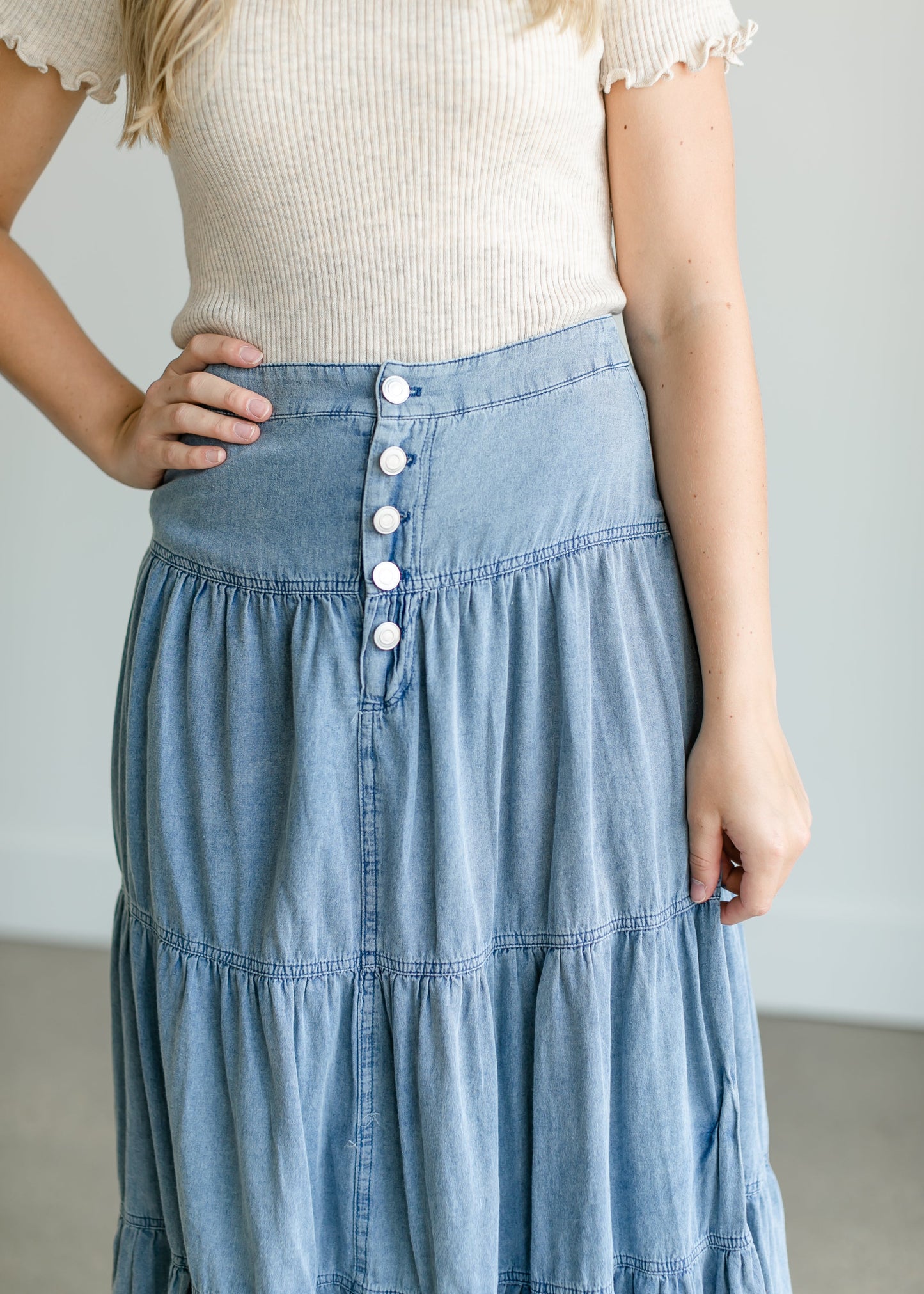 Tiered Chambray Blue Midi Skirt Skirts
