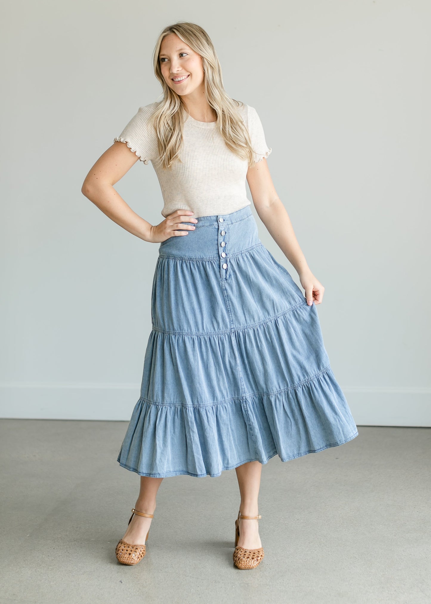 Tiered Chambray Blue Midi Skirt Skirts