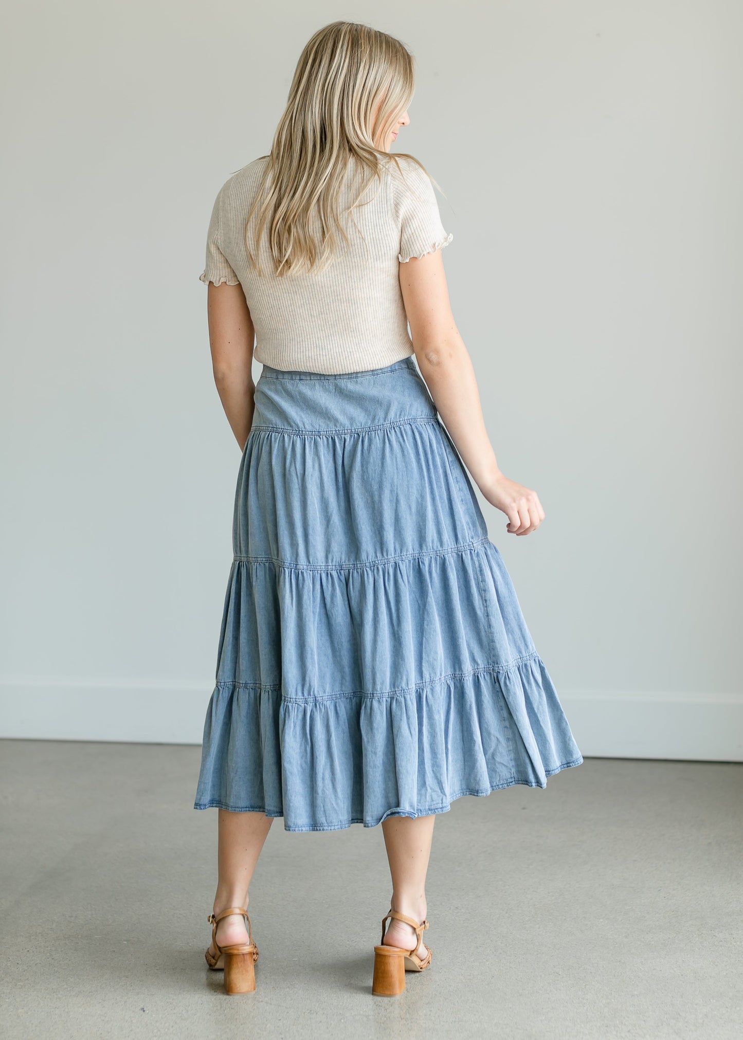 Tiered Chambray Blue Midi Skirt Skirts