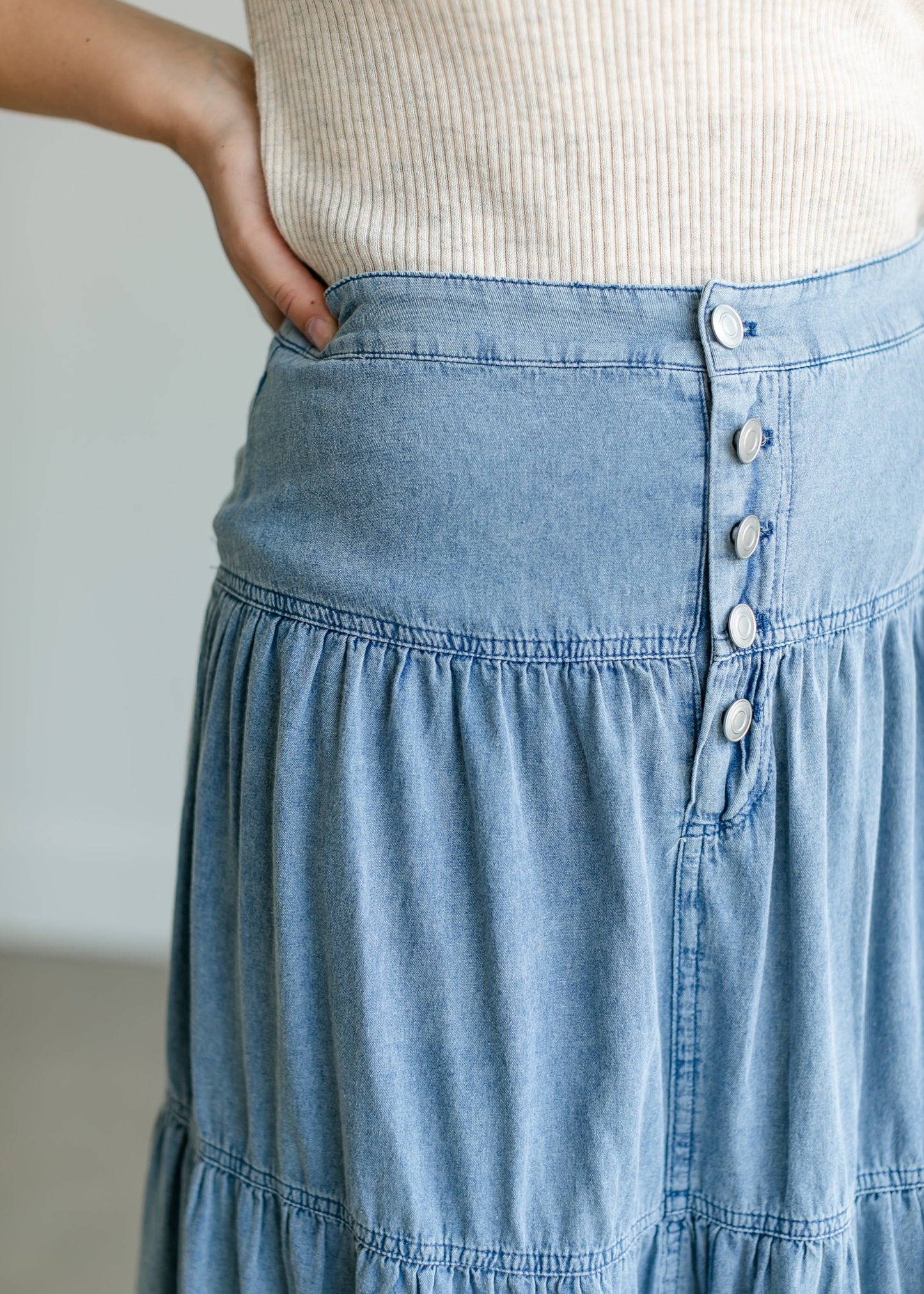 Tiered Chambray Blue Midi Skirt Skirts