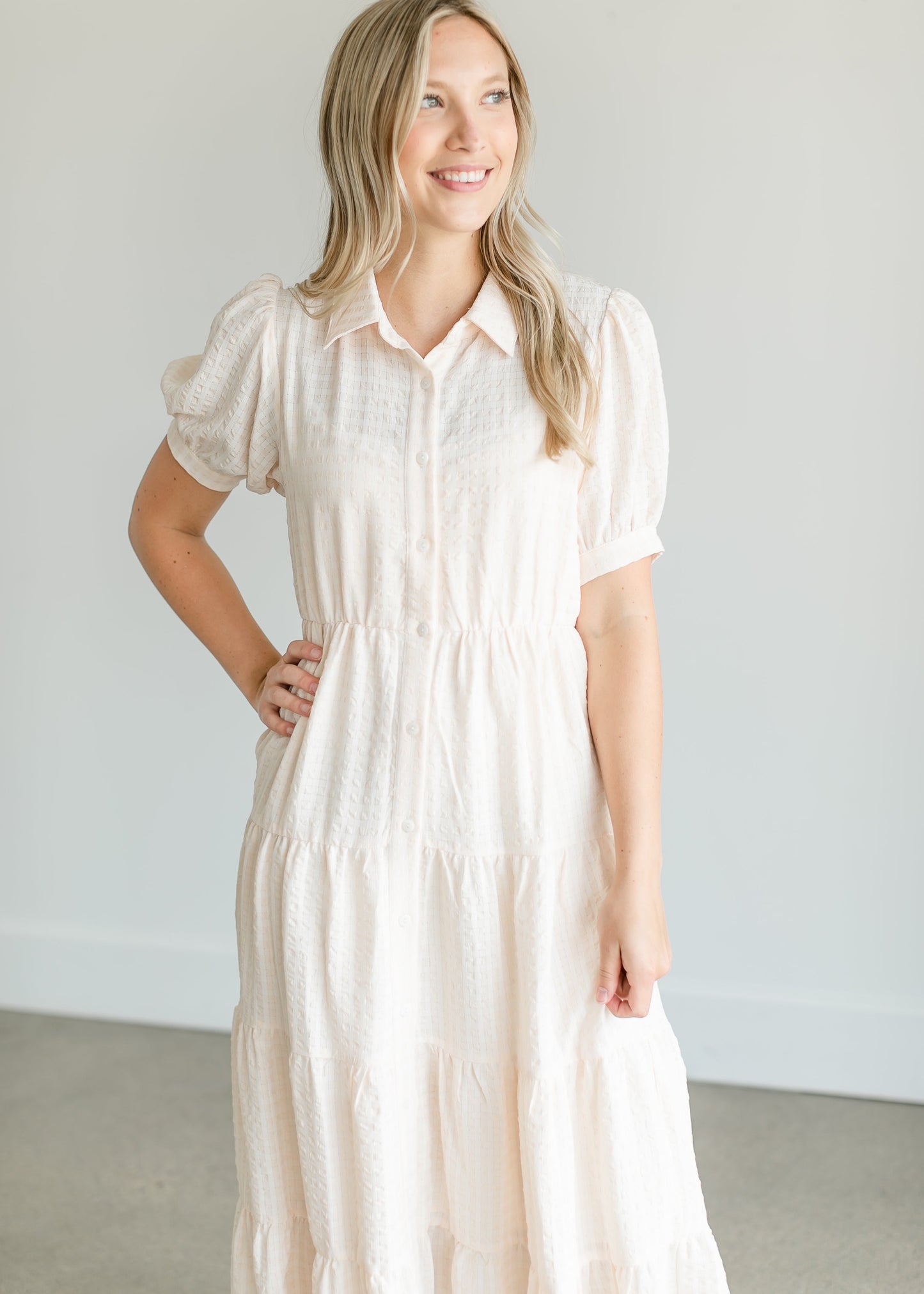 Tiered Short Sleeve Midi Shirtdress Dresses
