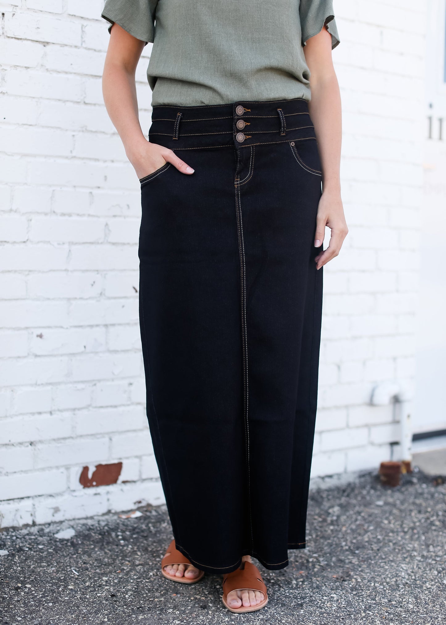 Triple Button Long A-Line Denim Skirt - FINAL SALE Skirts