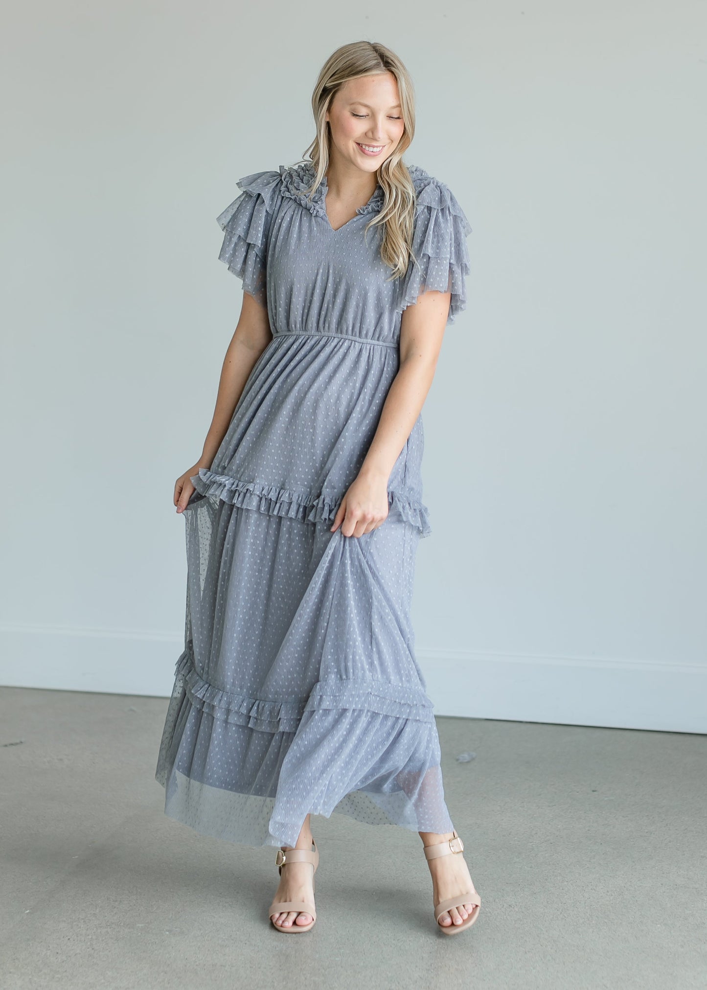 Tulle Tiered Ruffle Midi Dress Dresses Dusty Blue / S